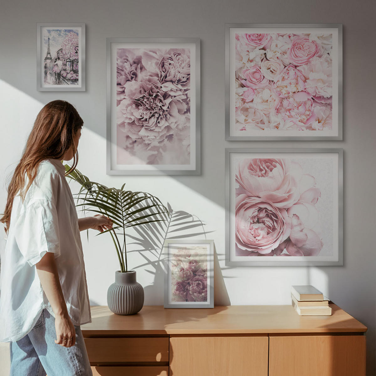 WANDBILDER 5er Set - 50x50 cm & 20x30 cm & 40x60 cm Silberner Rahmen - Rosa Blumen, romantische Landschaft - Silberfarben, Kunststoff (40/60cm) - ArtPrintCave