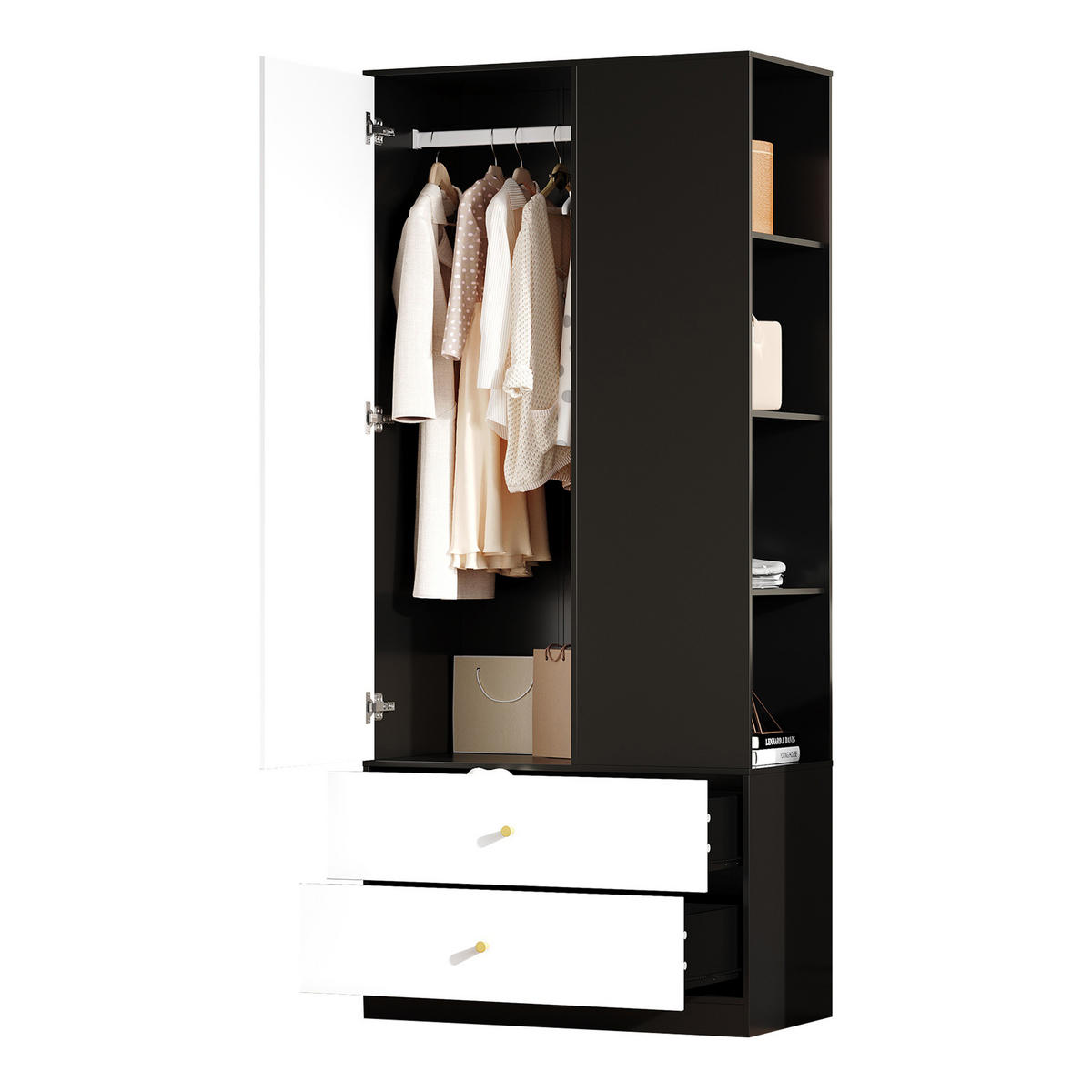 KLEIDERSCHRANK mit Spiegeltür, Kleiderstange & 2 Schubladen, 80/40/180 cm, Weiß/Schwarz - Weiß, Holzwerkstoff (80/180/40cm) - Redom