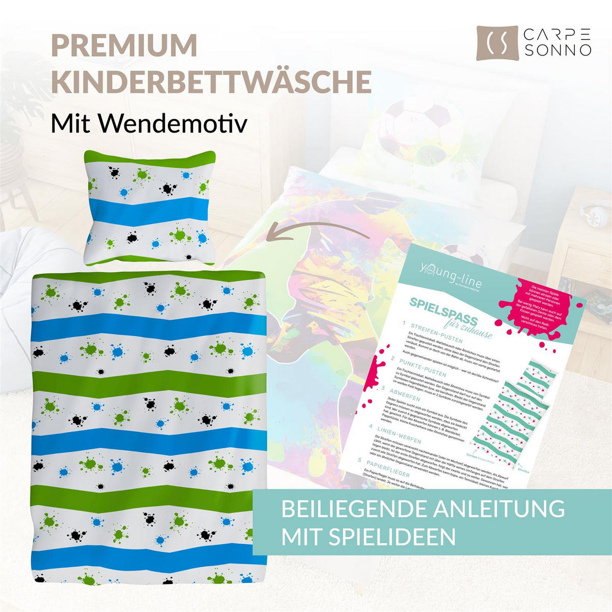 KINDERBETTWÄSCHE 135x200 cm Fussball aus 100% Baumwolle - Leuchtet um Dunkeln - Grün, Textil (135/200cm) - Carpe Sonno