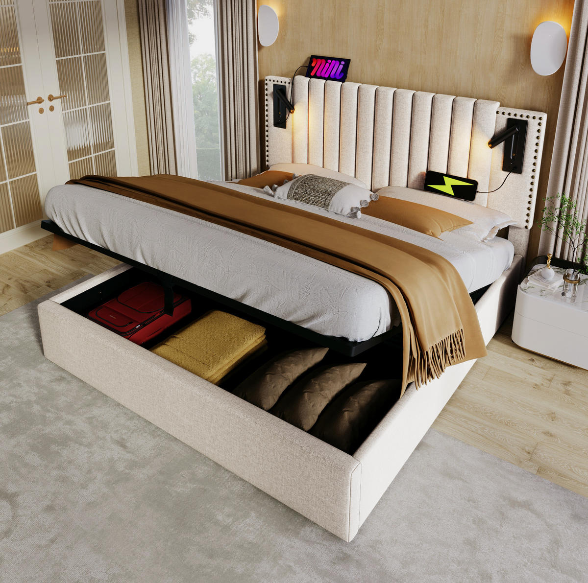 POLSTERBETT mit Bettkasten 180/200 cm in Beige mit Leselicht und USB-C - Beige, Textil (180/200cm) - BEAOK