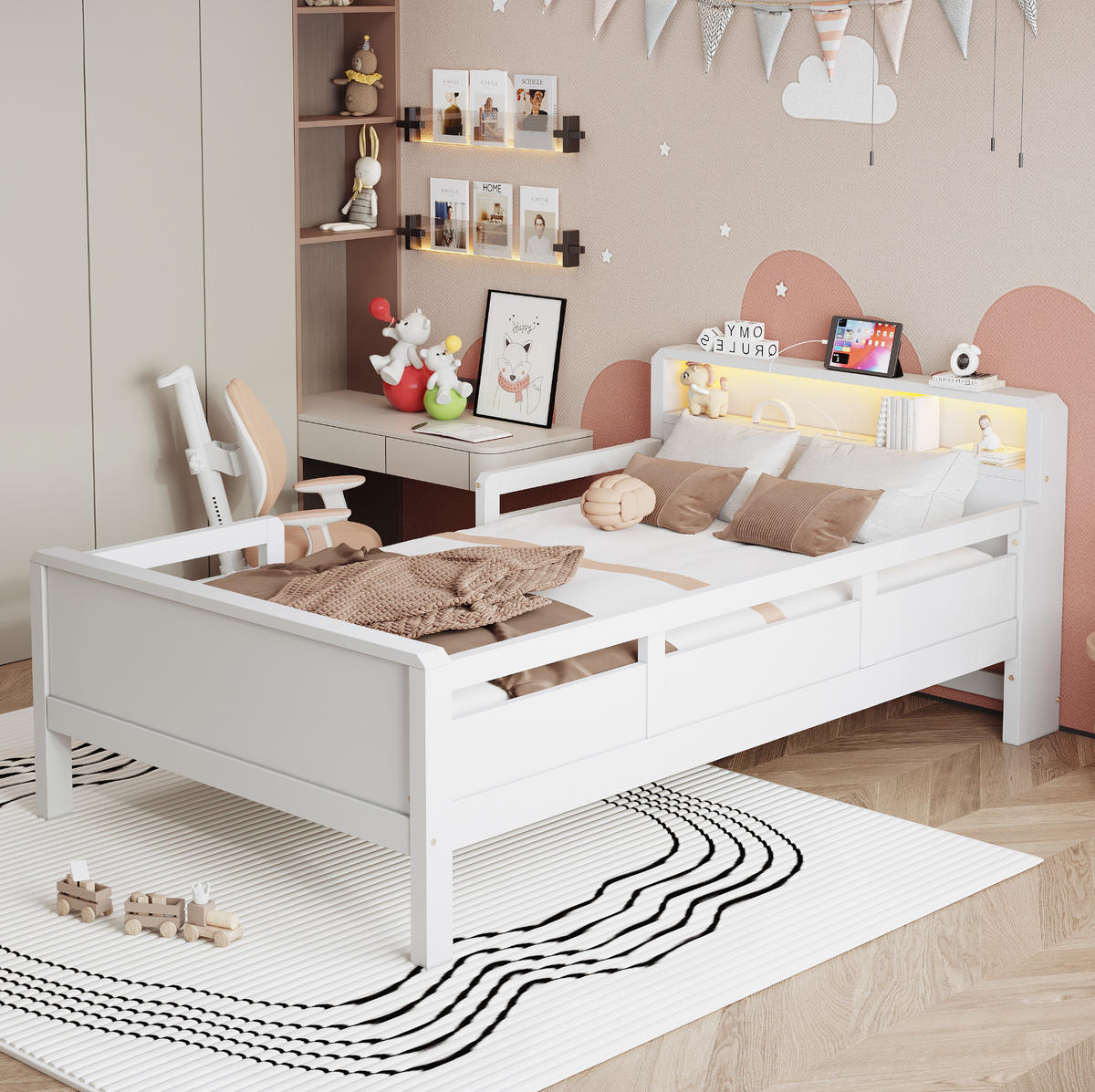 KINDERBETT 90/200 cm aus Kiefern mit LED-Leuchte, USB- und Type-C-Anschluss sowie Kopfteil mit Ablagefach, Weiß - Weiß, Holzwerkstoff (90/200cm) - Redom