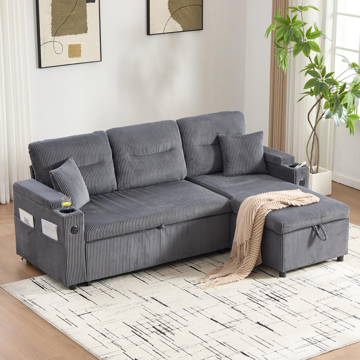 ECKSOFA DE-33730 mit Chaiselongue und Schubladenbett Anthrazitgrau - Anthrazit, Metall (212.5/136cm) - ComfortXL