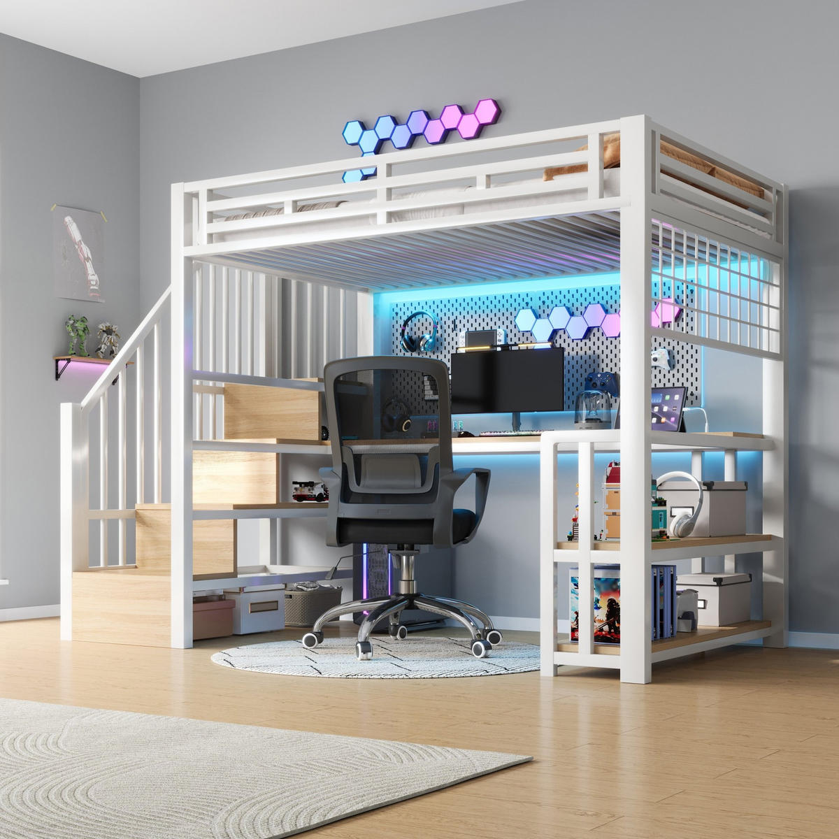 HOCHBETT 90/200 cm in Weiß mit Schreibtisch, Stauraum und LED-Beleuchtung - Weiß, Metall (90/200cm) - Flora Grace