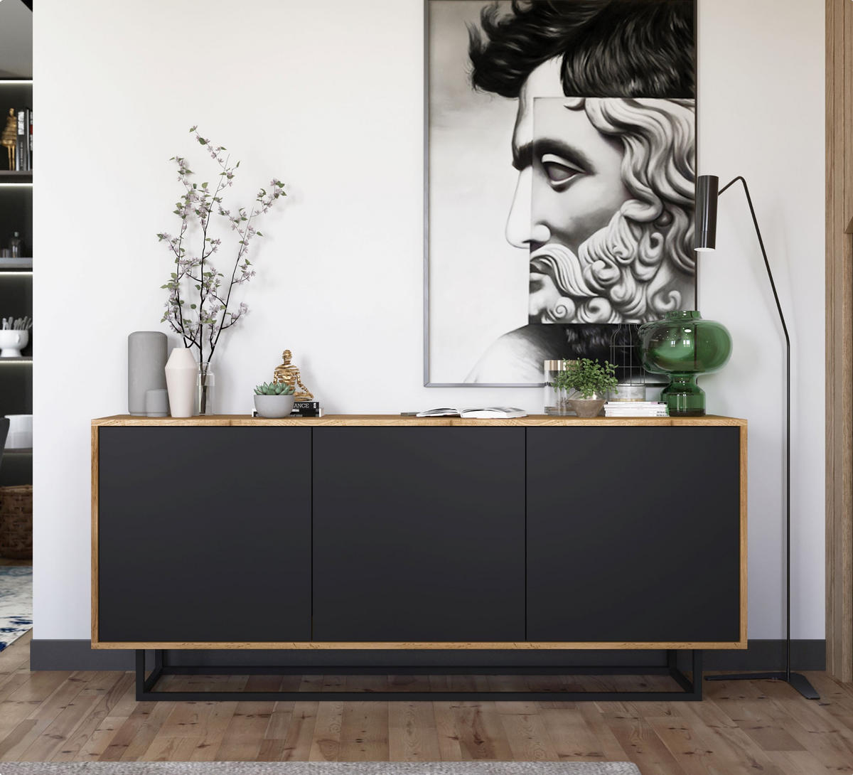 KOMMODE Apollo 3D Eiche wotan Schwarz Matt 168 cm - Schwarz, Holzwerkstoff/Metall (168/72/35cm) - Meble Lindner