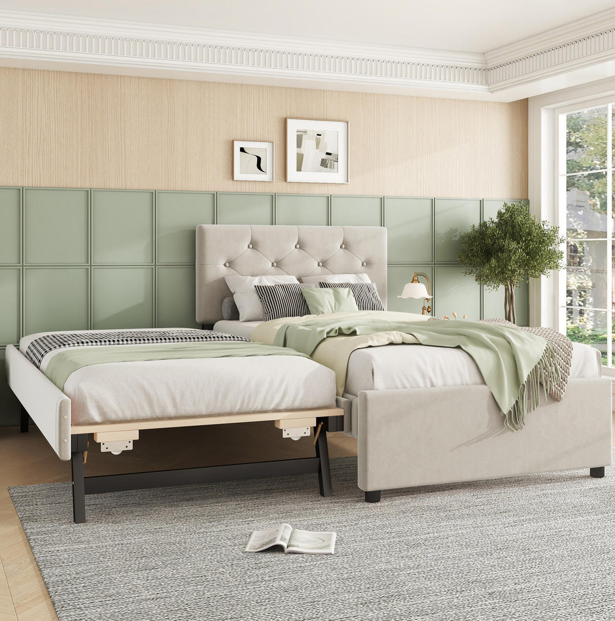 BETT mit Rollbett 90x200 cm Samt Beige - Beige, Metall (90/200cm) - Meubliv