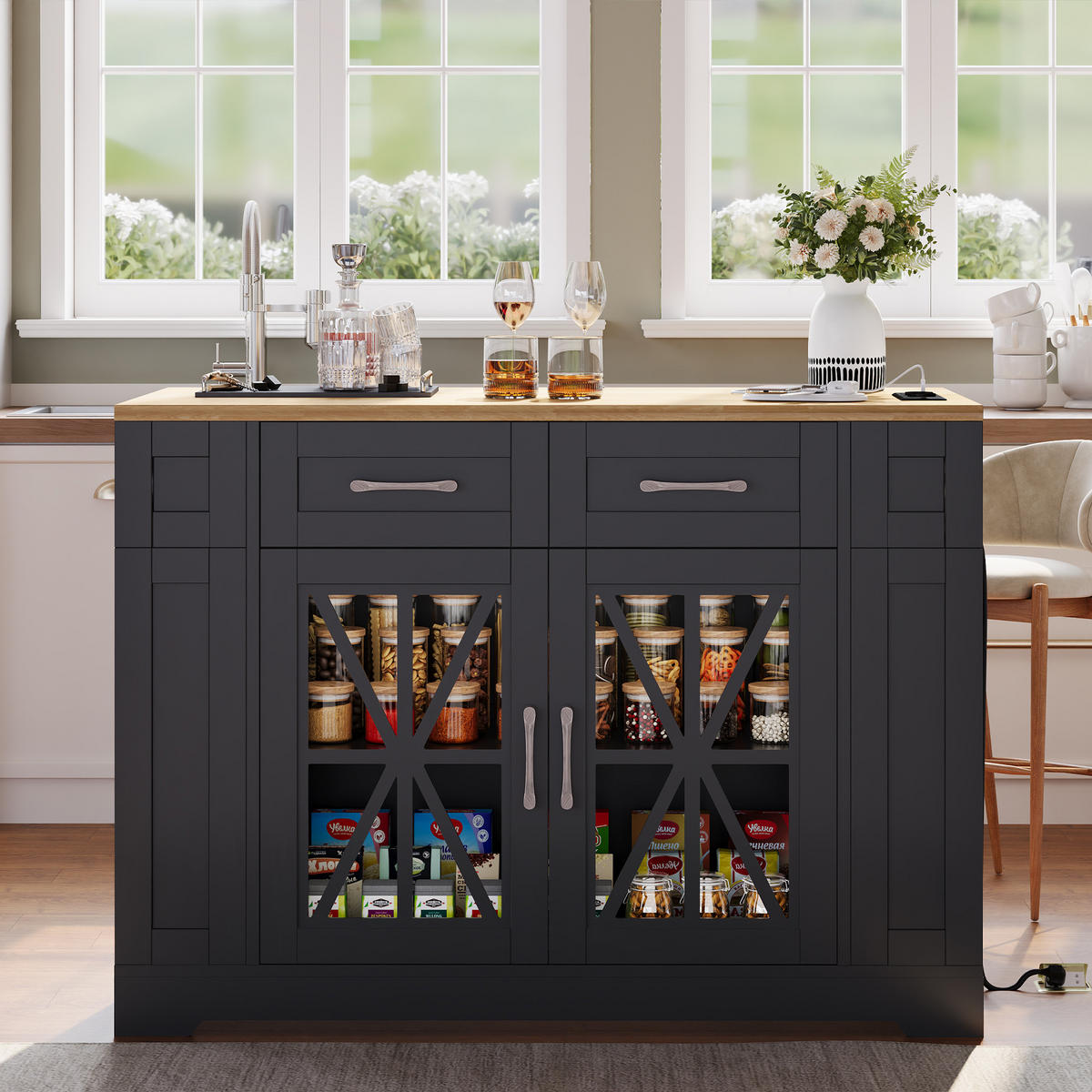 KÜCHENINSEL 120/40(65)/92 cm Schwarz mit Klappbarem Esstisch, 2 Steckdosen, USB, 2 Schubladen und Offenen Regalen - Schwarz, Holz/Holzwerkstoff (120/92/65cm) - Oxeza