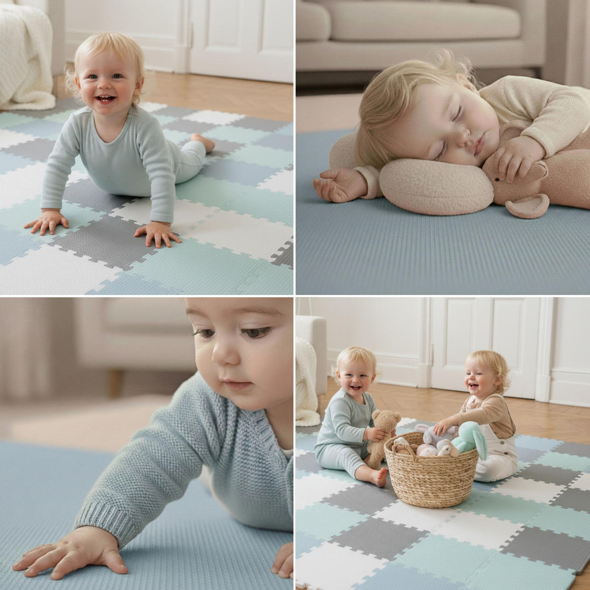 SPIELMATTE ab Null - 270/90/1 cm Puzzlematte Mint + Grau/Weiß/Graublau - Multicolor, Kunststoff (30/30cm) - Littletom