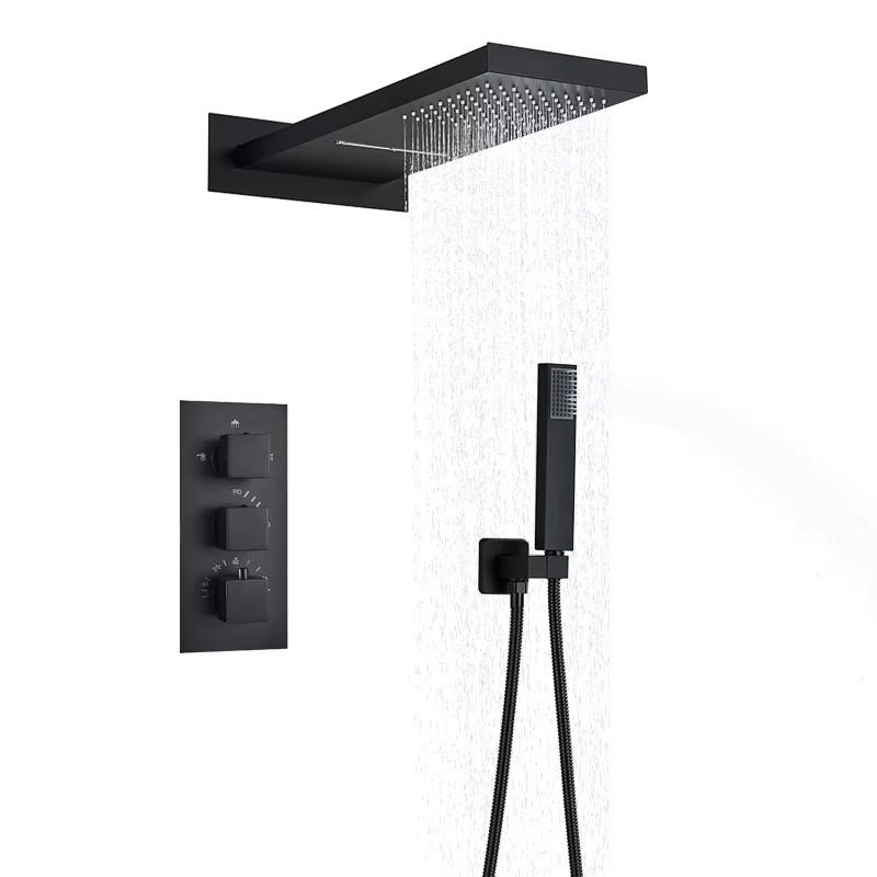 ÜBERKOPFBRAUSESET Thermostat Edelstahl 304, Schwarz, Mit Wasserfall - Schwarz, Metall (22/30/52cm) - Kaket
