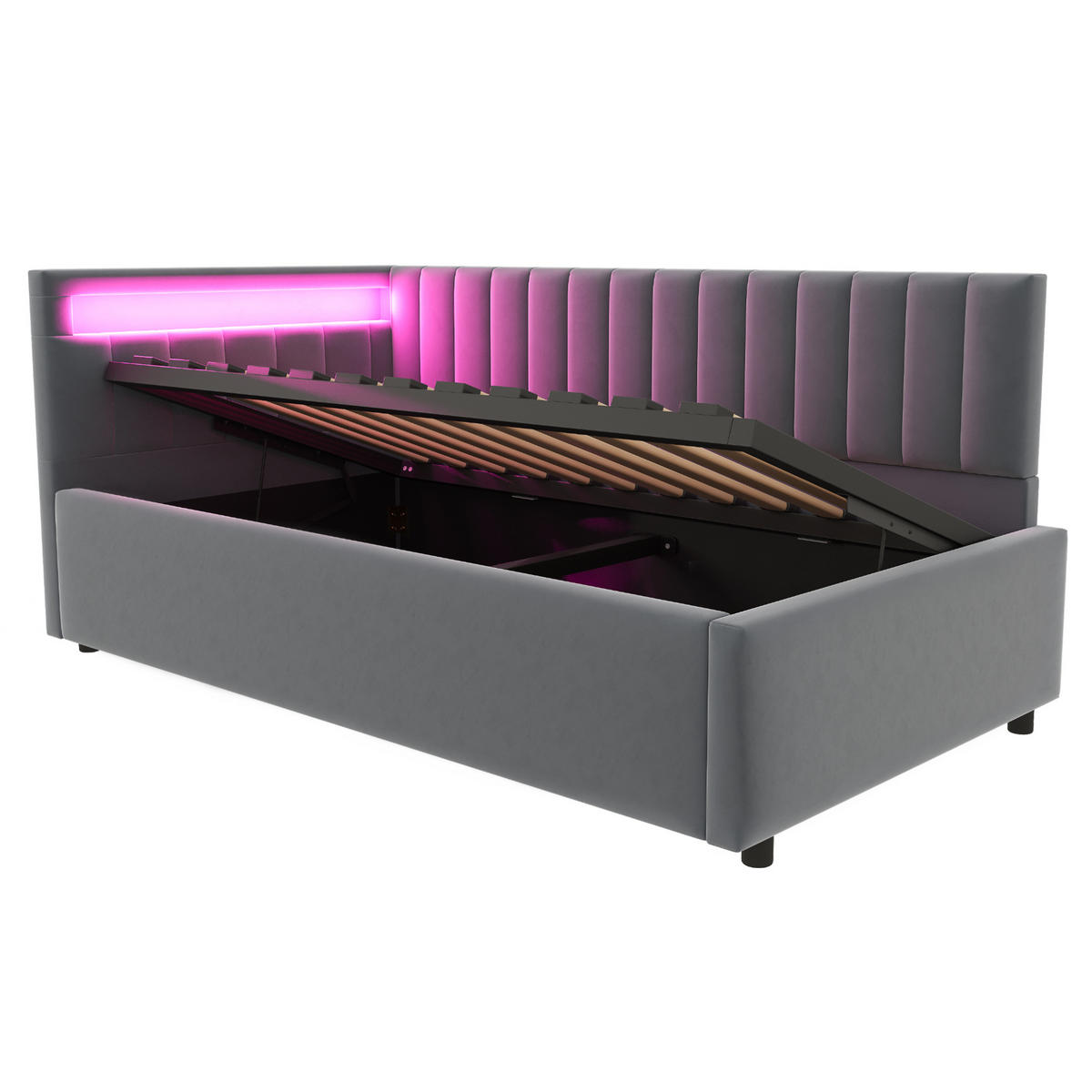 STAURRAUMBETT 90/200 cm DE-01966, in Dunkelgrau, mit LED, Hydraulik und Streifendesign - Dunkelgrau, Holzwerkstoff (90/200cm) - ComfortXL