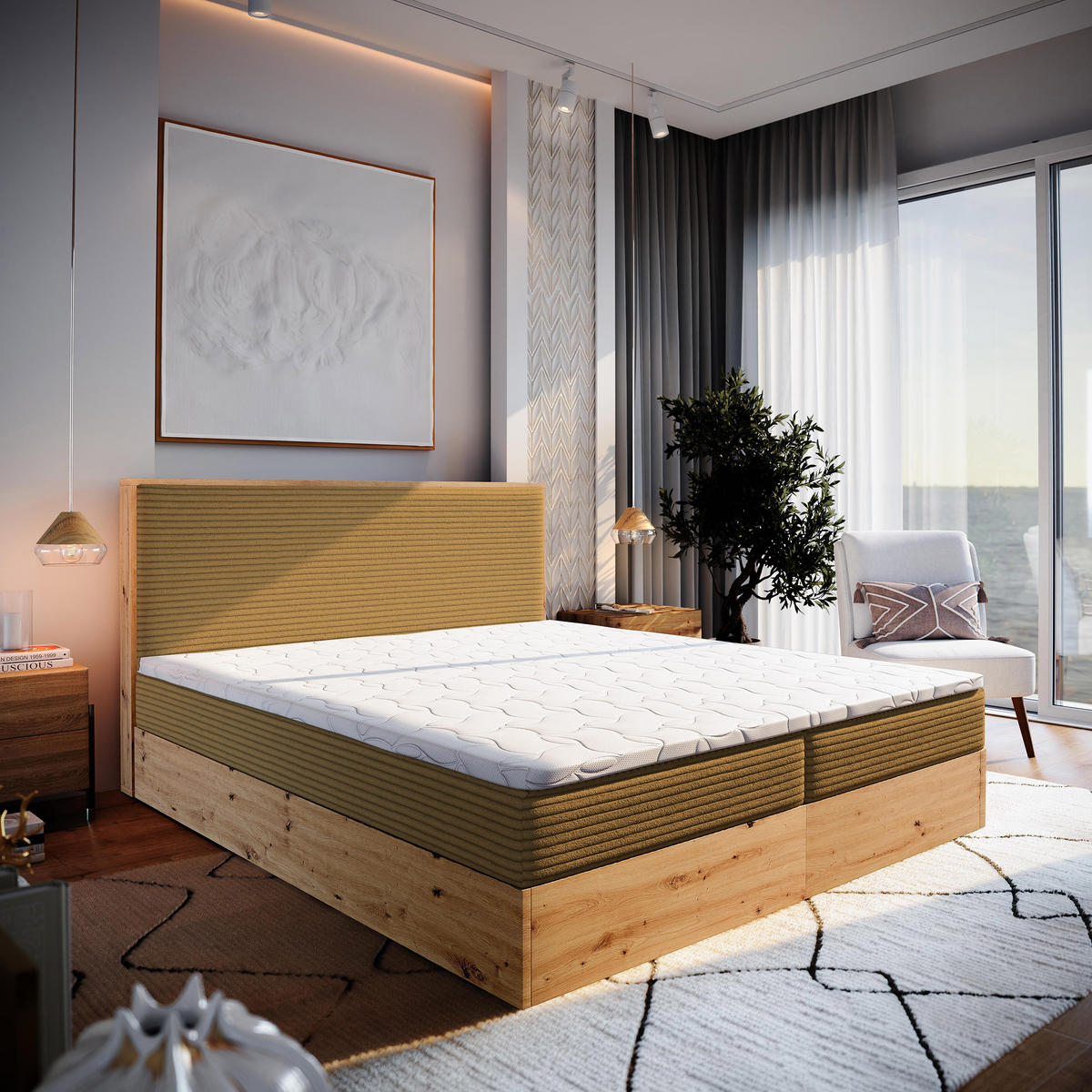 POSTEL BOXSPRING VERDON 140x200 cm, s matrací a úložným prostorem, žlutá - žlutá, kompozitní dřevo/textil (140/200cm) - MASSENO