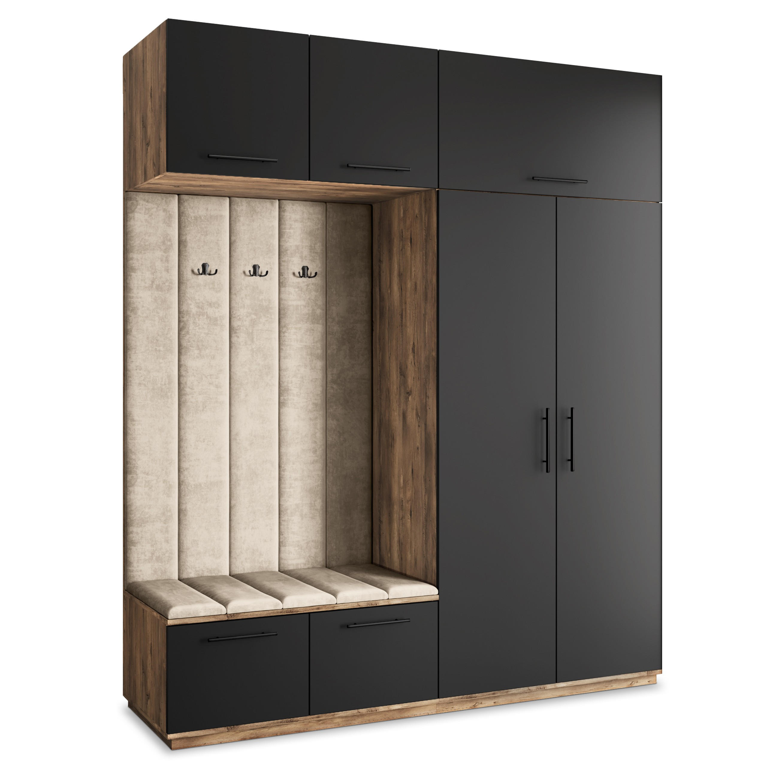 Masseno Garderobenschrank Eiche, Schwarz, Beige 200x240x60 cm