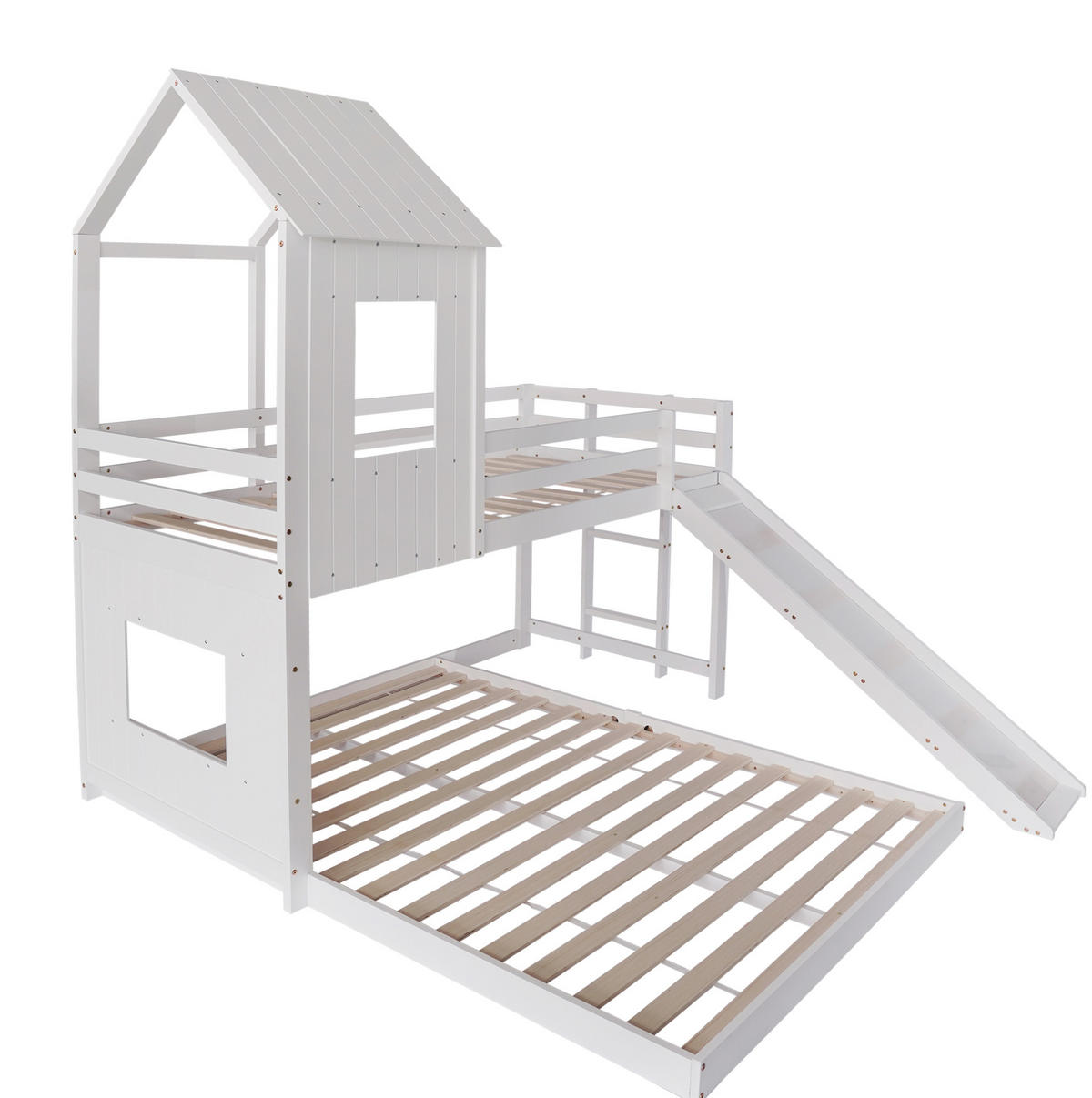 HAUSBETT 90/200 & 140/200 cm Weiß mit Rutsche und Fallschutz - Weiß, Holzwerkstoff (90/200cm) - Flora Grace