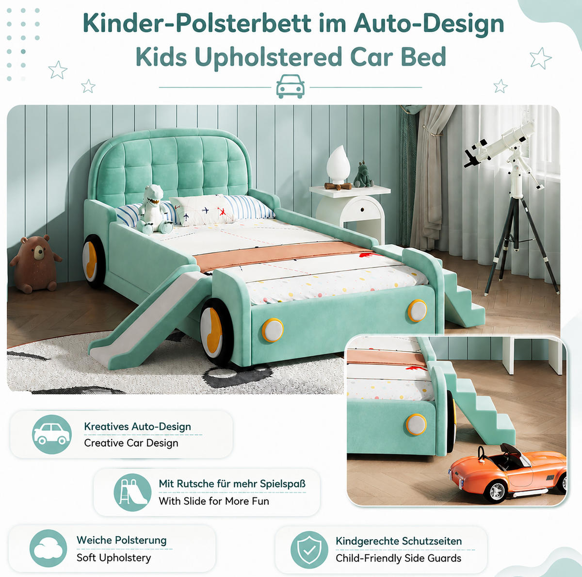 KINDERBETT 90x200 cm in Blaugrün mit Rutsche, Treppe und Fallschutz - Blau, Textil (90/200cm) - IVMEU