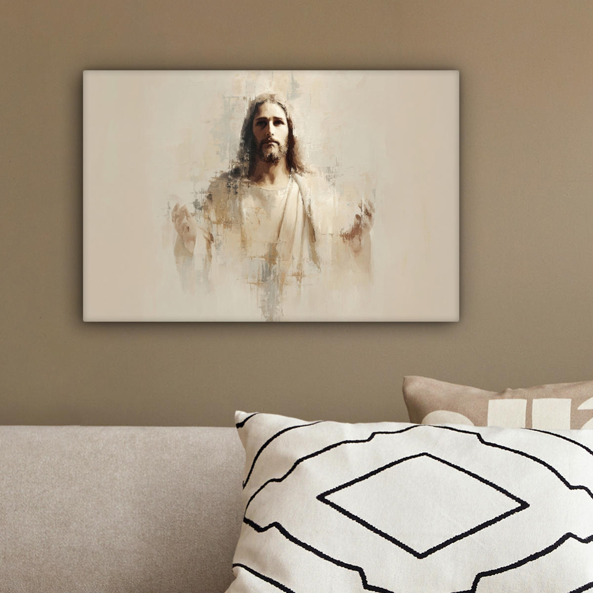 LEINWANDBILD Porträt - Abstrakt - Jesus - Beige Deko Schlafzimmer 30x20 cm - Beige, Textil (30/20cm) - MuchoWow
