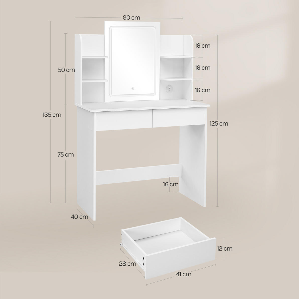SCHMINKTISCH mit LED-Beleuchtung Spiegel Weiß - Weiß, Glas/Holzwerkstoff (90/135/40cm) - Woltu