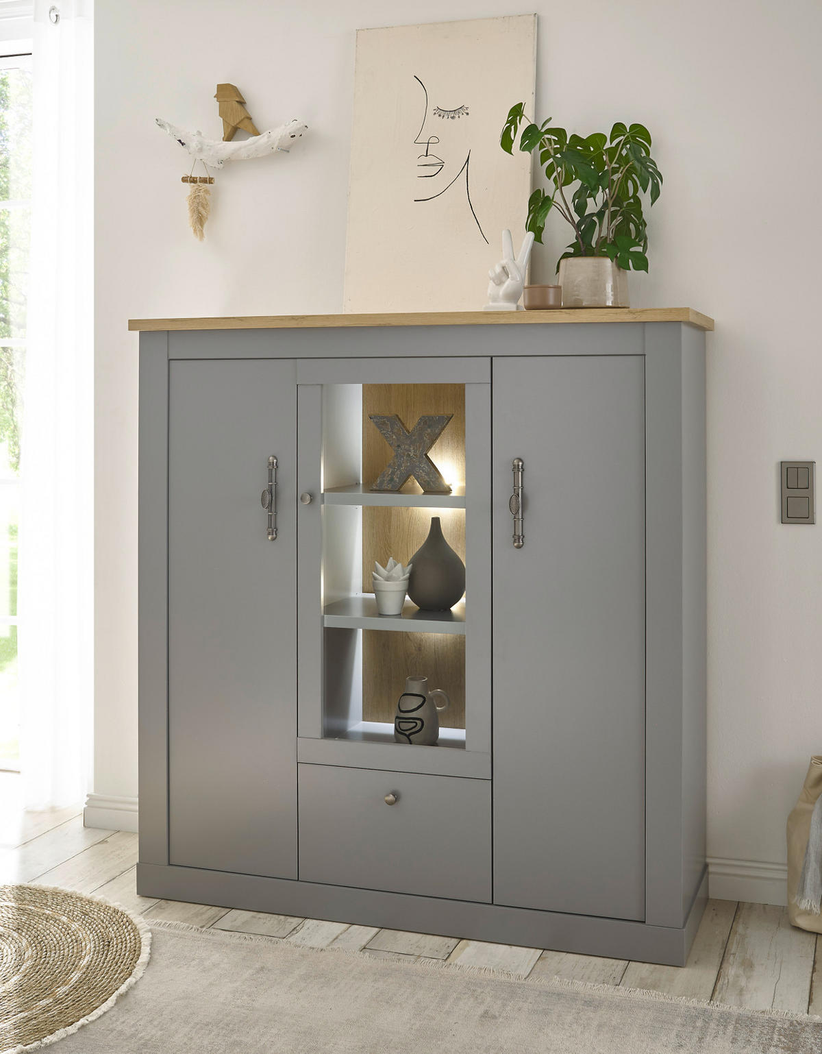HIGHBOARD grau, Artisan Eiche Landhaus 138 cm, Vitrine mit 11 Fächern - Silberfarben/Hellgrau, Glas/Holzwerkstoff (138/142/44cm) - Furn.Design
