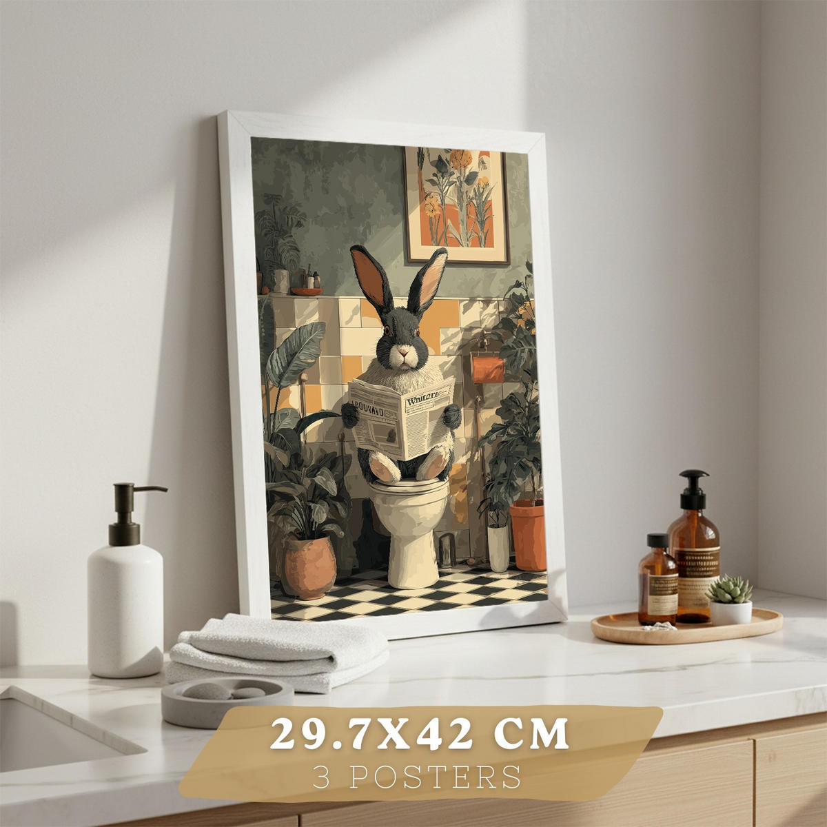 PLAKÁT Sada 3 obrazů zvířat v koupelně Bezrámové A3 - čirá, papír (42/29.7/3cm) - Nacnic