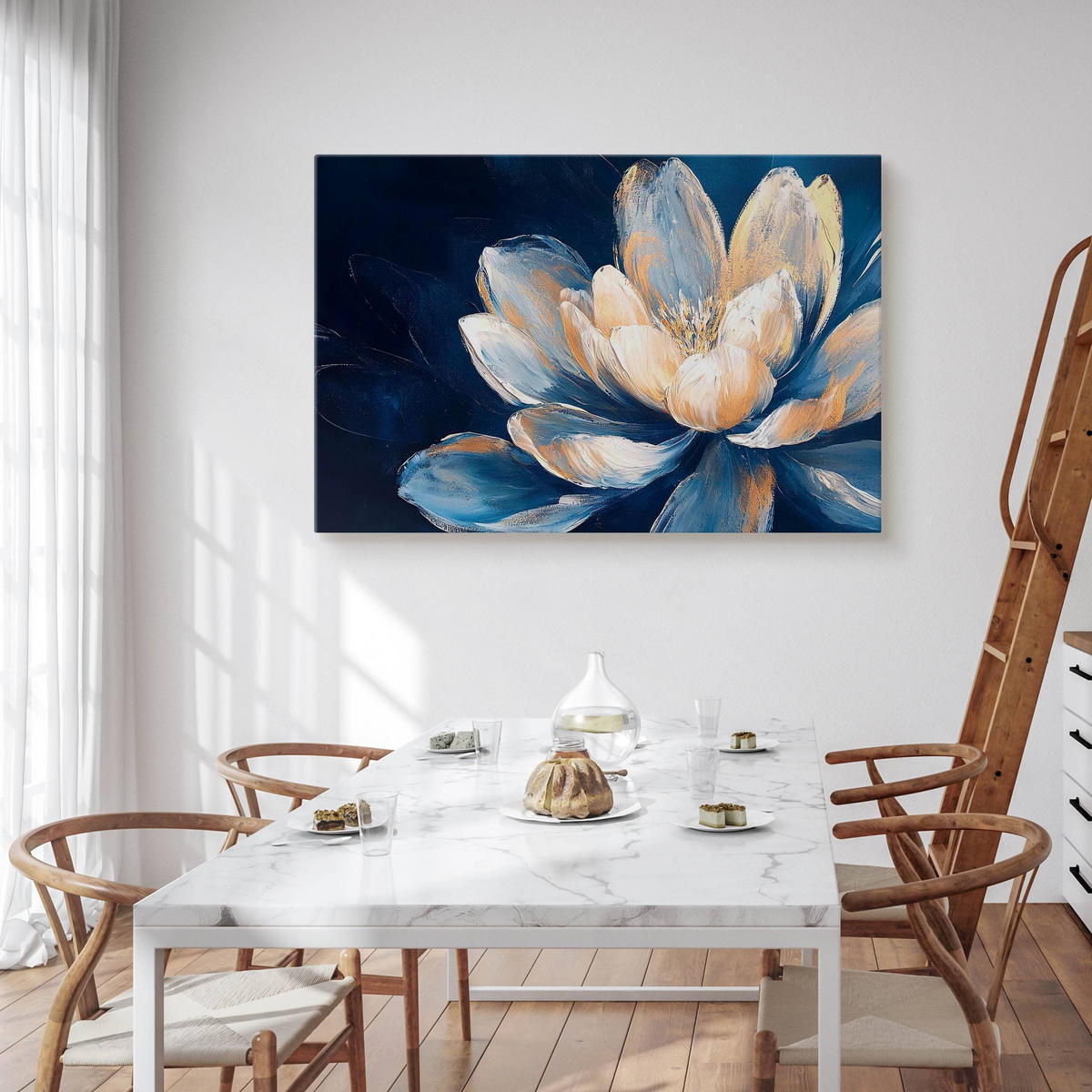 LEINWANDBILD für Schlafzimmer Blume Natur Malarei 100cm x 70cm - Blau/Beige, Textil (100/70cm) - Muralo