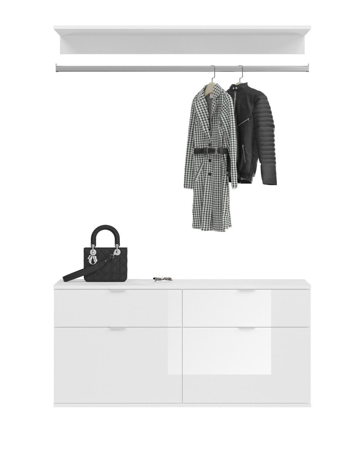 GARDEROBEN-SET weiß Hochglanz 121 cm, Komplettset mit Kleiderstange - Chromfarben/Weiß Hochglanz, Holzwerkstoff/Metall (121/79/34cm) - Inn.Furn