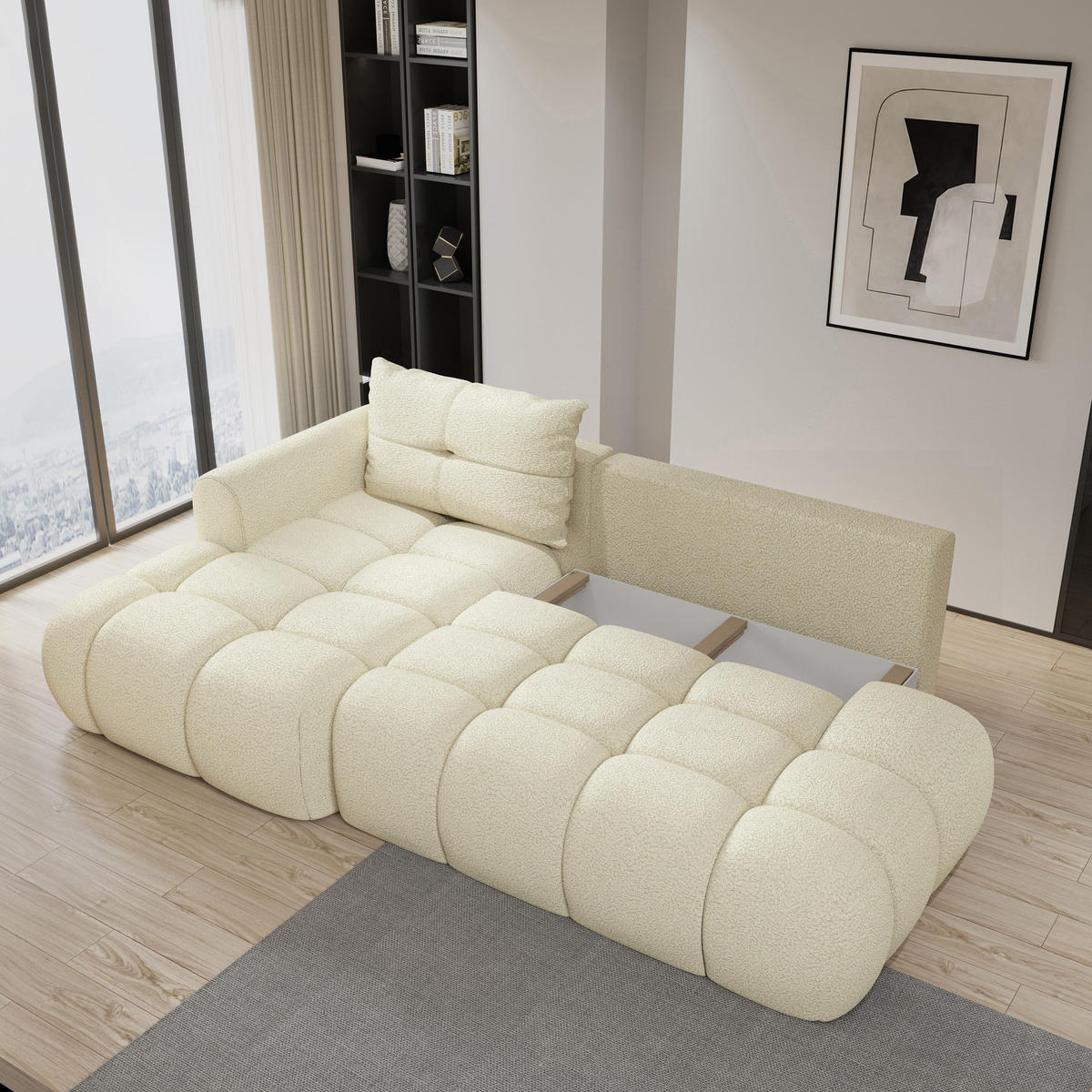 ECKSOFA FLUMA L-S Creme Boucle-Stoff mit Schlaffunktion - Creme, Holz (274/165cm) - MASSENO