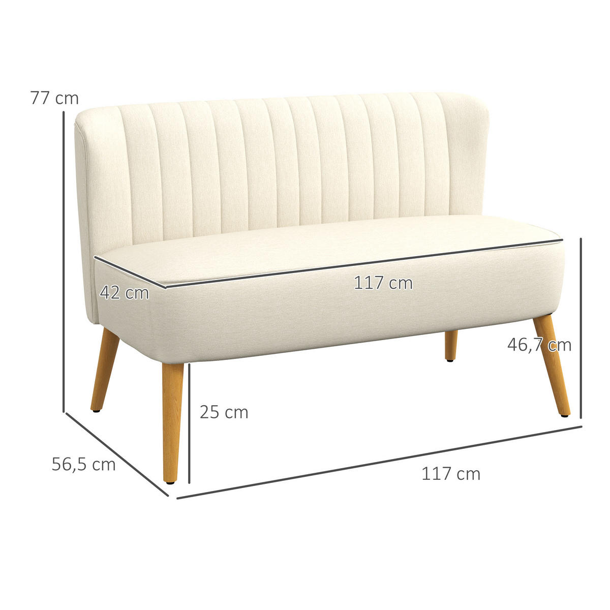 SOFA 2-Sitzer Couch Stoffsofa Sitzmöbel Polstersofa Loungesofa breit Cremeweiß - Creme/Naturfarben, Holz/Textil (56.5/77/117cm) - HOMCOM