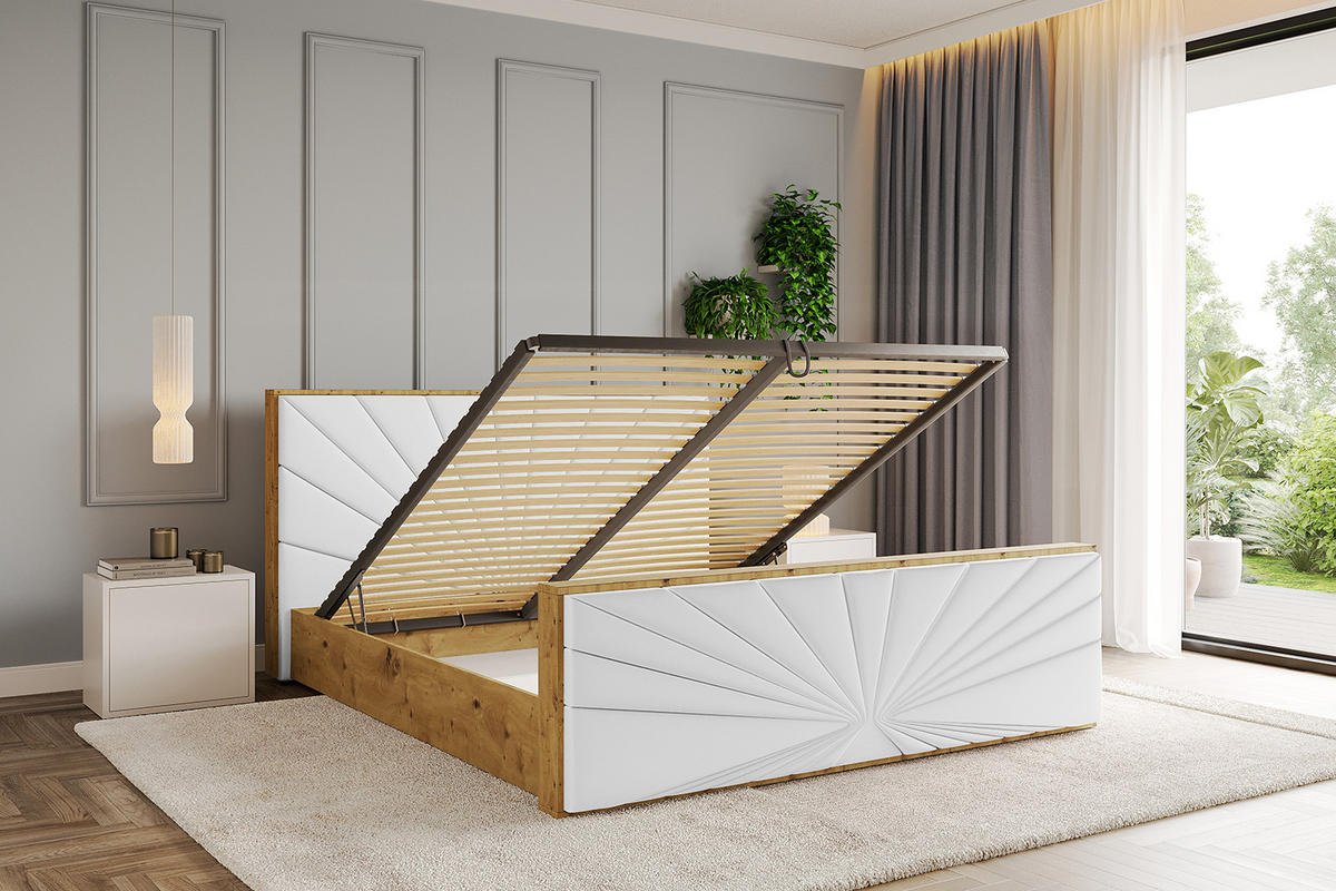 POLSTERBETT mit Bettkasten, Fußteil und Lattenrost, Boxbett mit Matratze H3/H4 - ENZO6-Z 160x200 Weiß Kunstleder - Weiß Hochglanz, Holzwerkstoff/Textil (160/200cm) - ALTDECOR