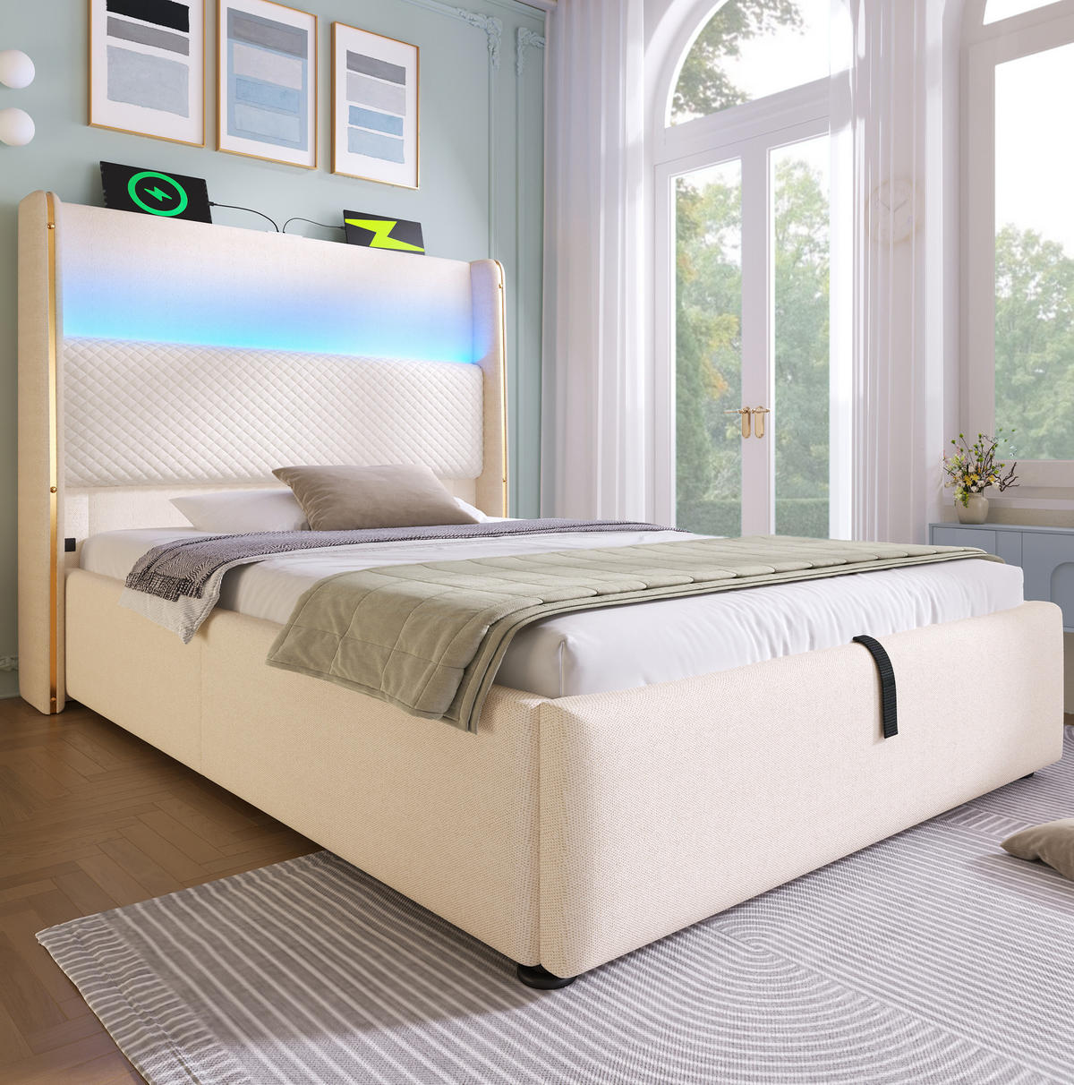 POLSTERBETT 90/200 cm Beige aus Leinen mit LED und Stauraum - Beige, Textil (90/200cm) - OKWISH
