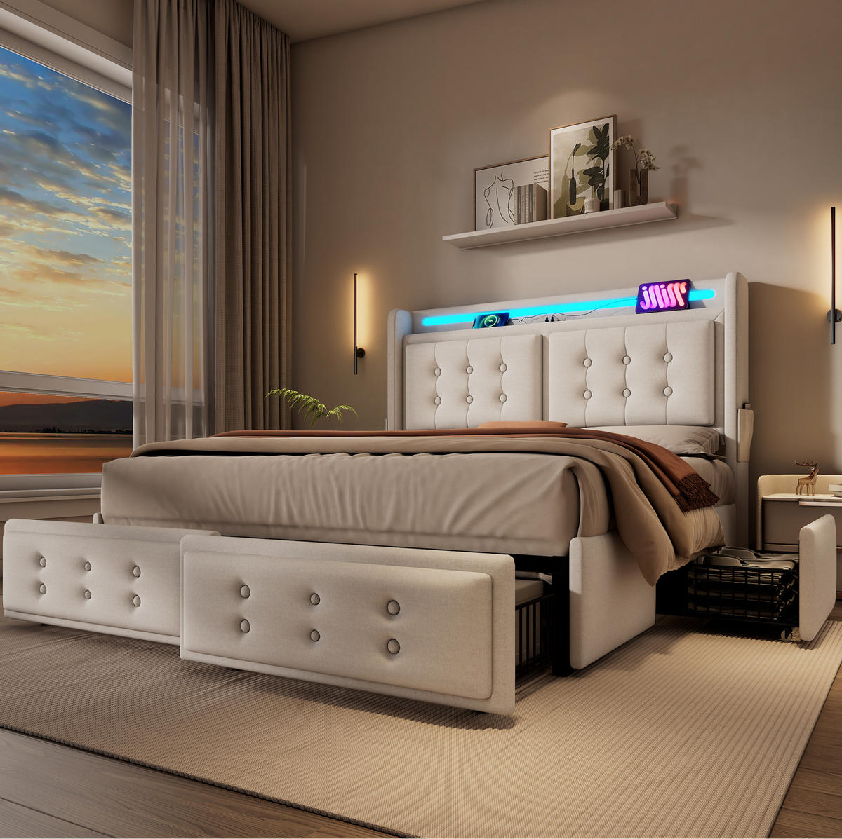 BETT mit LED, USB und 4 Schubladen 160x200 cm Baumwoll-Leinen Beige - Beige, Metall (160/200cm) - Meubliv
