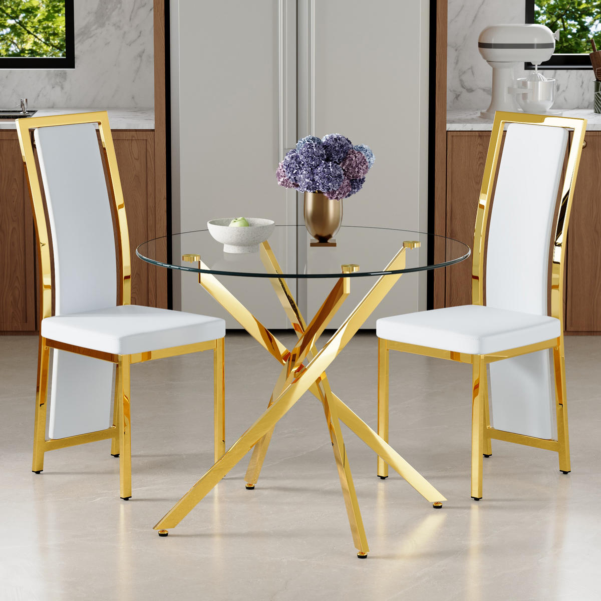 ESSGRUPPE DE-39460 3-teilig, Glastisch und 2 Stühlen mit Goldkante Weiß - Weiß, Metall (88/75/88cm) - ComfortXL