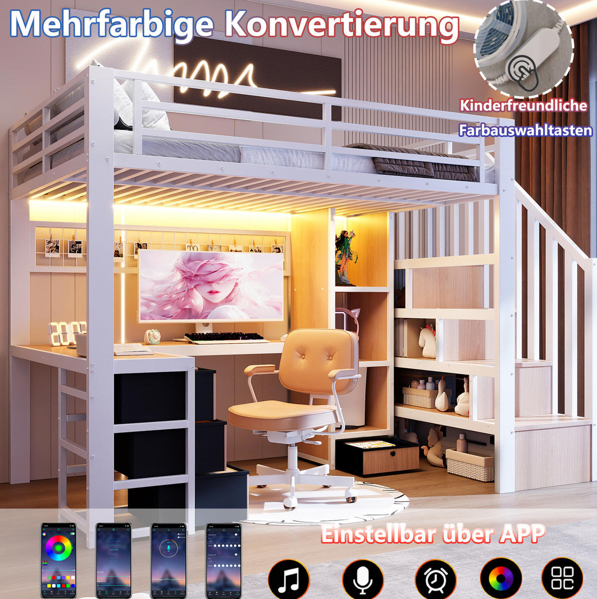 HOCHBETT 90/200 cm weiß aus Metall und MDF mit Schreibtisch und LED - Weiß, Metall (90/200cm) - OKWISH