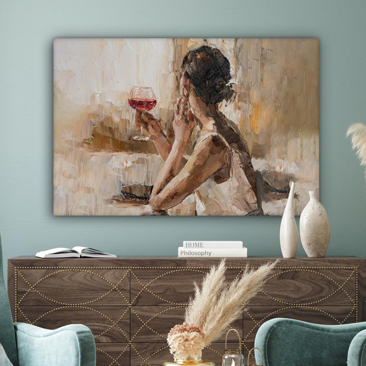 LEINWANDBILD Ölgemälde - Frau - Wein Wohnzimmer 120x80 cm - Hellbraun, Textil (120/80cm) - MuchoWow