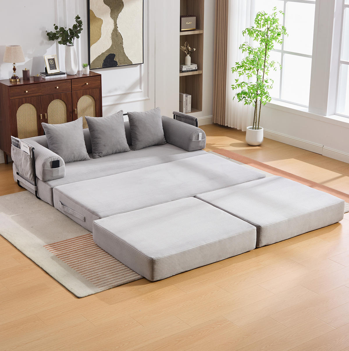 SOFA modular mit Hocker 200 x 190 cm Cord Hellgrau - Hellgrau, Kunststoff (190/200cm) - Meubliv