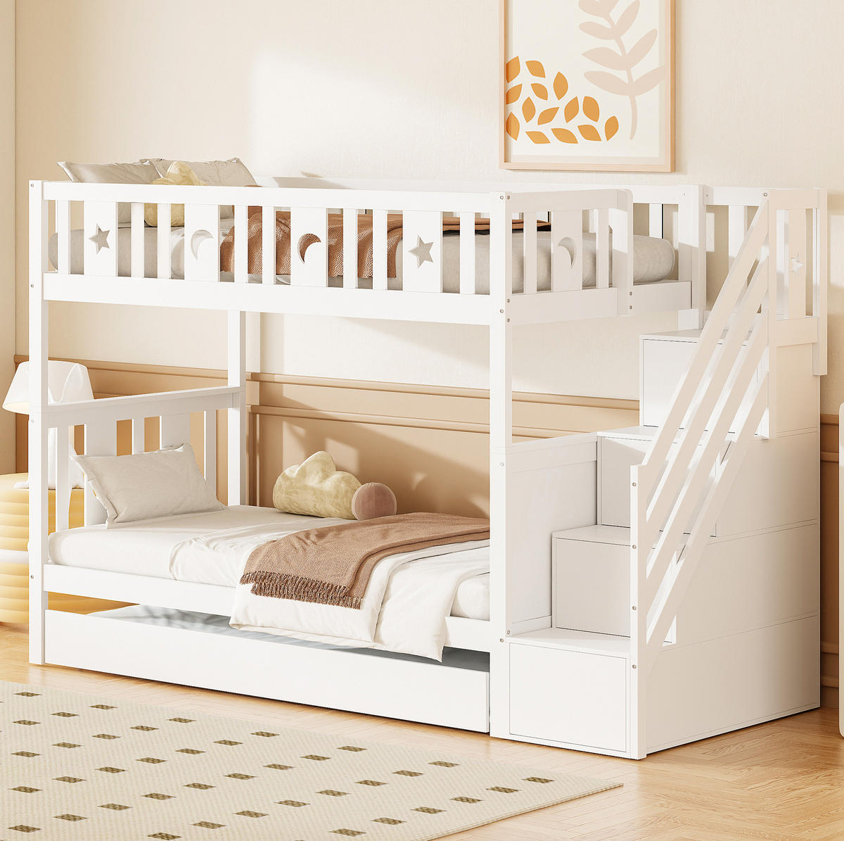 ETAGENBETT Kinder 90/200 cm Weiß mit Ausziehbett und Stauraum - Weiß, Holz (90/200cm) - MIVRAY