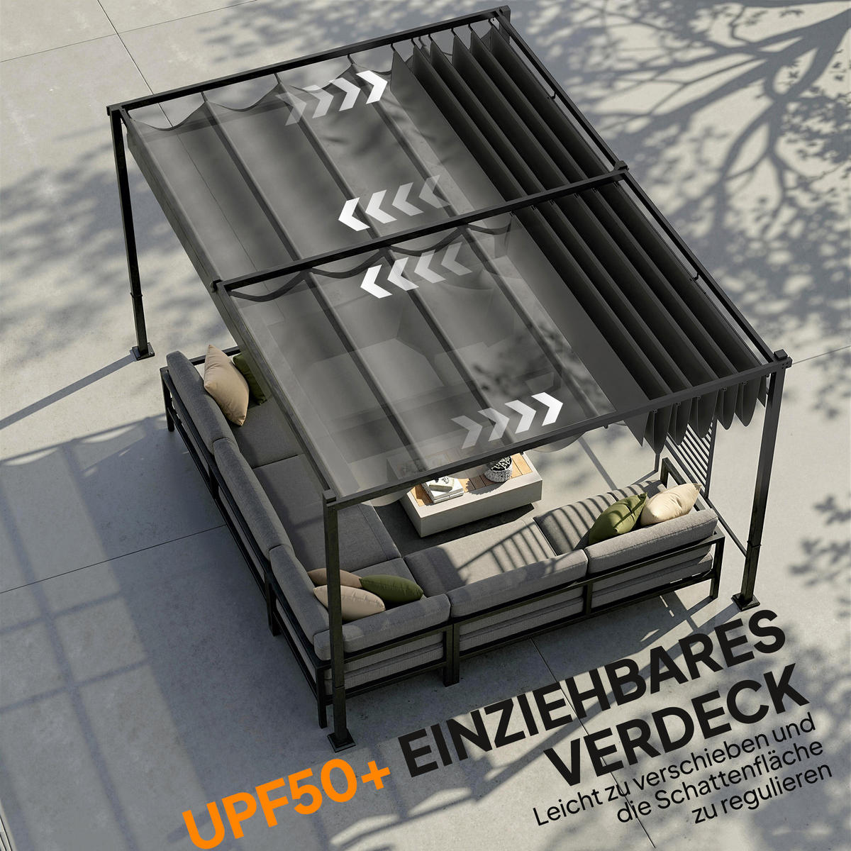PERGOLA 3,87 x 2,97 m Terrassenüberdachung mit Schiebedach, 2 Sichtschutz, UV 50+ Dunkelgrau - Dunkelgrau, Metall (387/220/297cm)