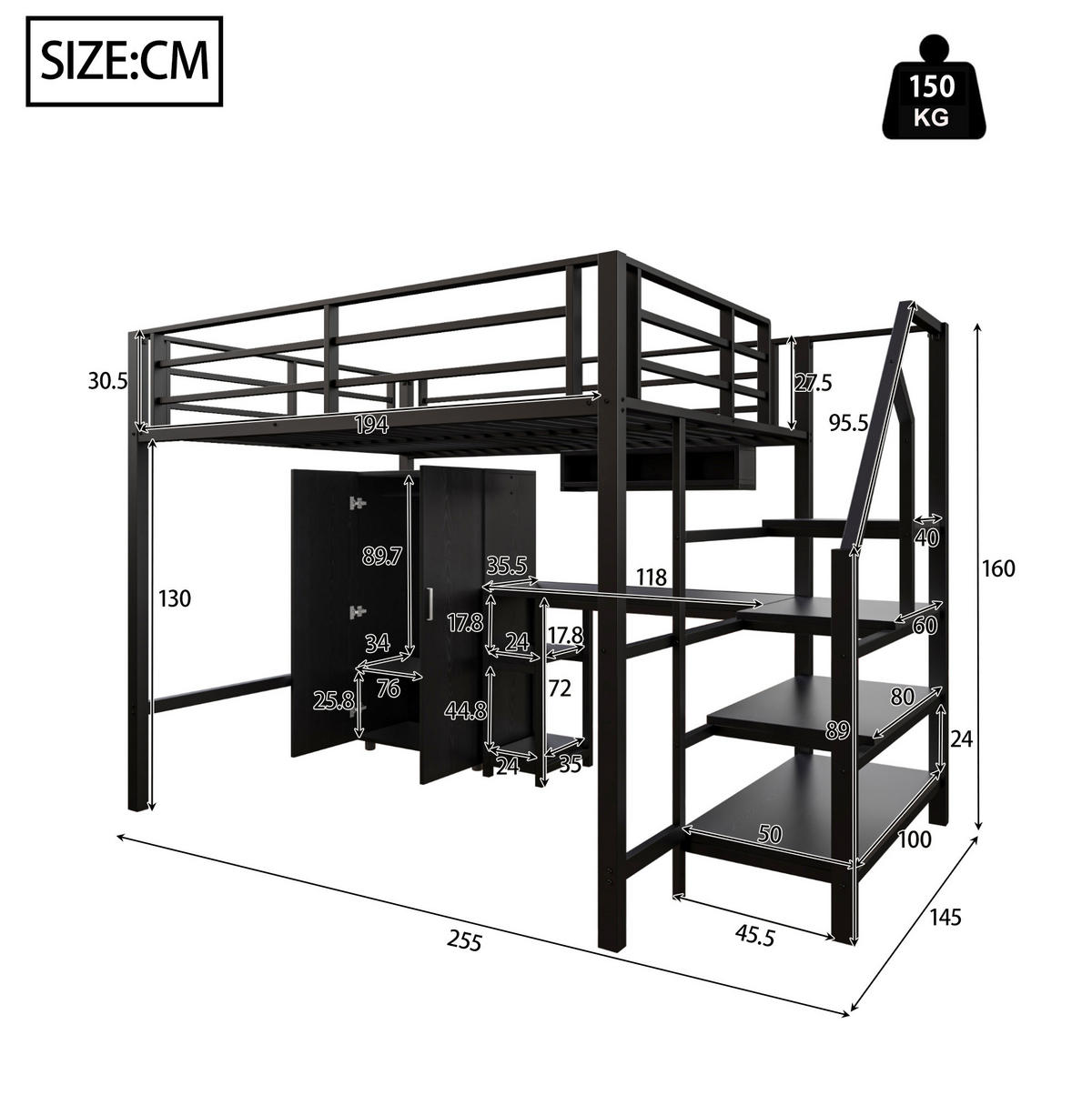 HOCHBETT 140/200 cm aus Metall/MDF mit Schreibtisch, Kleiderschrank und Regalen Schwarz - Schwarz, Metall (140/200cm) - Modenvie