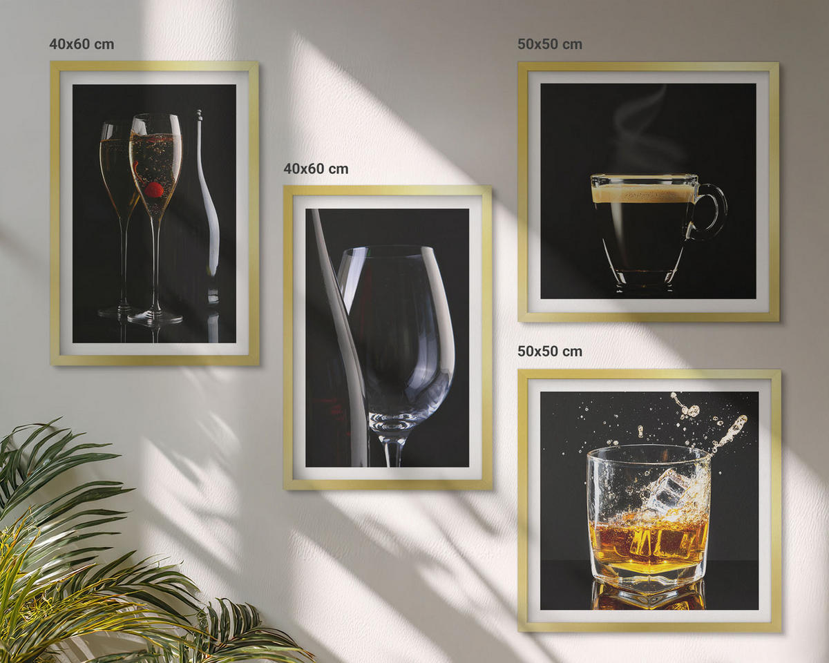 WANDBILDER 4er Set - 50x50 cm & 40x60 cm Goldrahmen - Whisky, Wein, Champagner, Kaffee, Alkohol - Goldfarben, Kunststoff (50/50cm) - ArtPrintCave