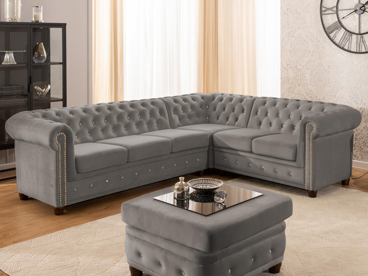 ECKSOFA Chesterfield Cleo Blink Grau Samt mit Kristallsteppung und braunen Massivholzfüßen - Ottomane Rechts - Braun/Grau, Holz/Textil (264/210cm) - S-Style Möbel