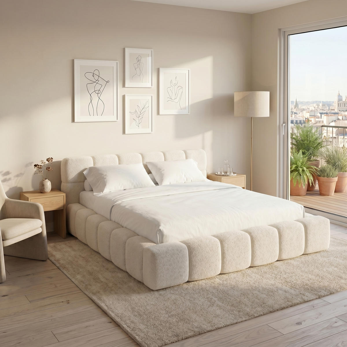 POLSTERBETT AMITY 200x200 cm in Creme, gepolstertes Kopfteil, Lattenrost, Bettkasten, Bouclé-Stoff - Creme/Naturfarben, Holz/Textil (200/200cm) - Muffo