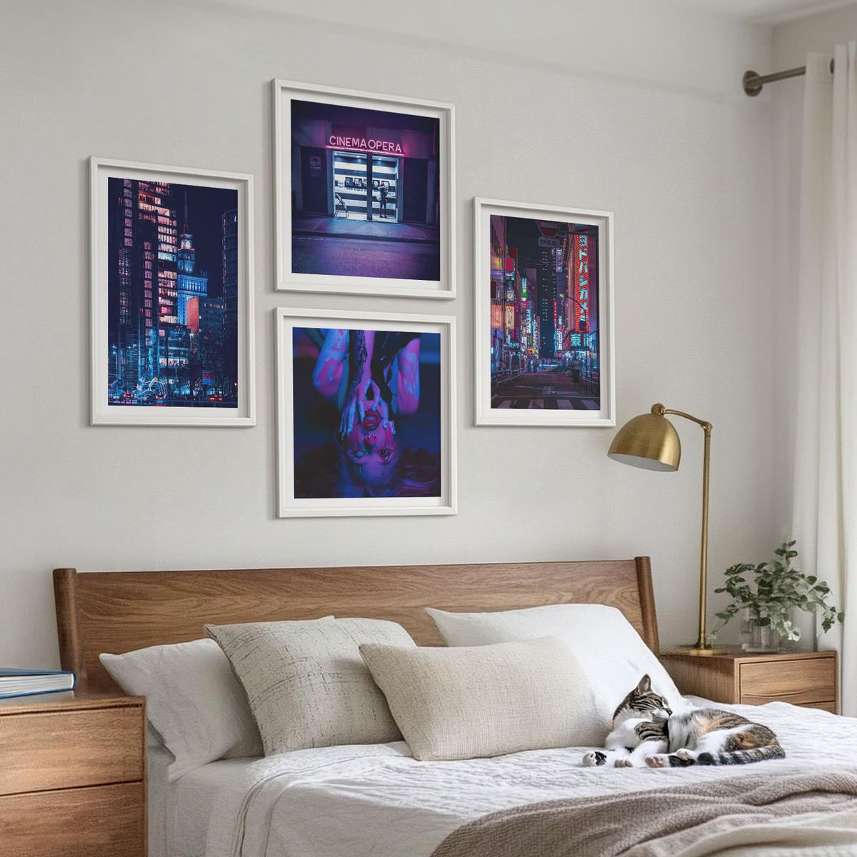 WANDBILDER 4er-Set - 50x50 cm & 40x60 cm Weißer Rahmen - Nachtstadt mit Neonlichtern - Weiß, Kunststoff (50/50cm) - ArtPrintCave