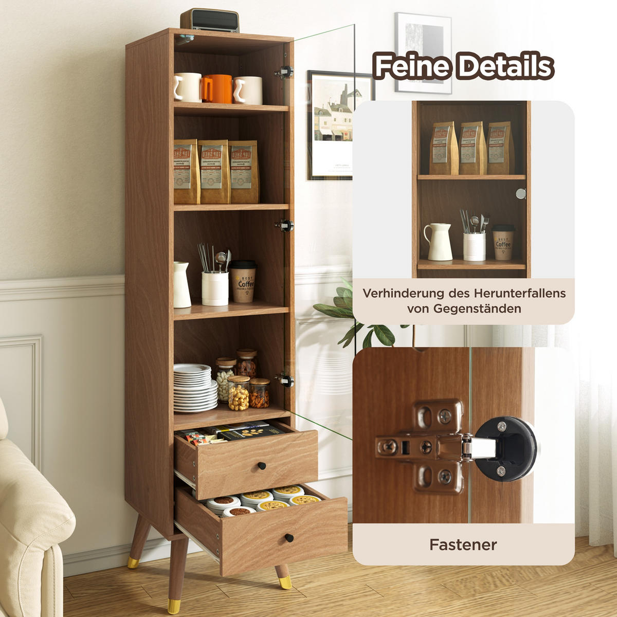 BUFFET mit Glastür verstellbaren Regalen und 2 Schubladen Holz-Optik - Transparent/Naturfarben, Glas/Holzwerkstoff (39.8/160/35cm) - EVRYAE