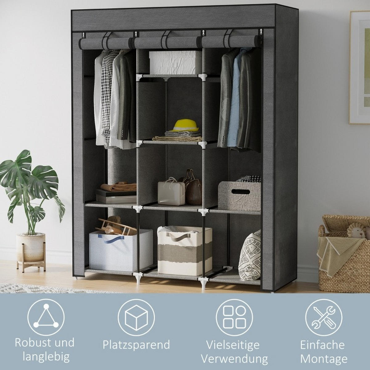 KLEIDERSCHRANK aus Vliesstoff 125x43x162,5 cm Dunkelgrau mit 2 Kleiderstangen und 8 Ablagen, staubgeschützt - Dunkelgrau, Textil (125/162.5/43cm) - Modfu