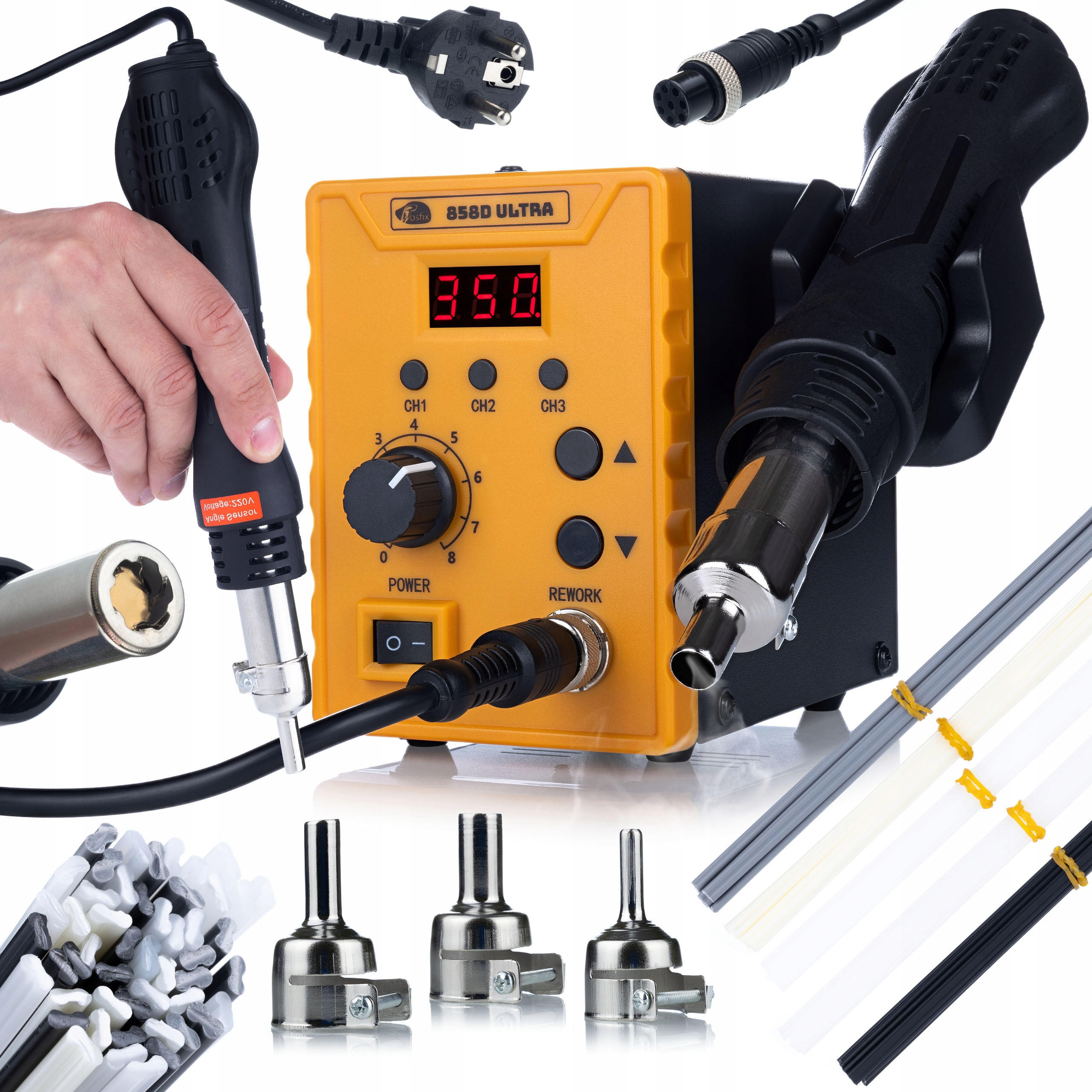LÖTKOLBEN 858D Ultra Set - 700 W, 100-500 °C, 120 l/min, 50x Lötzinn 200 mm, 3 Düsen, 230 V - Multicolor, Kunststoff/Metall (10/10/10cm)
