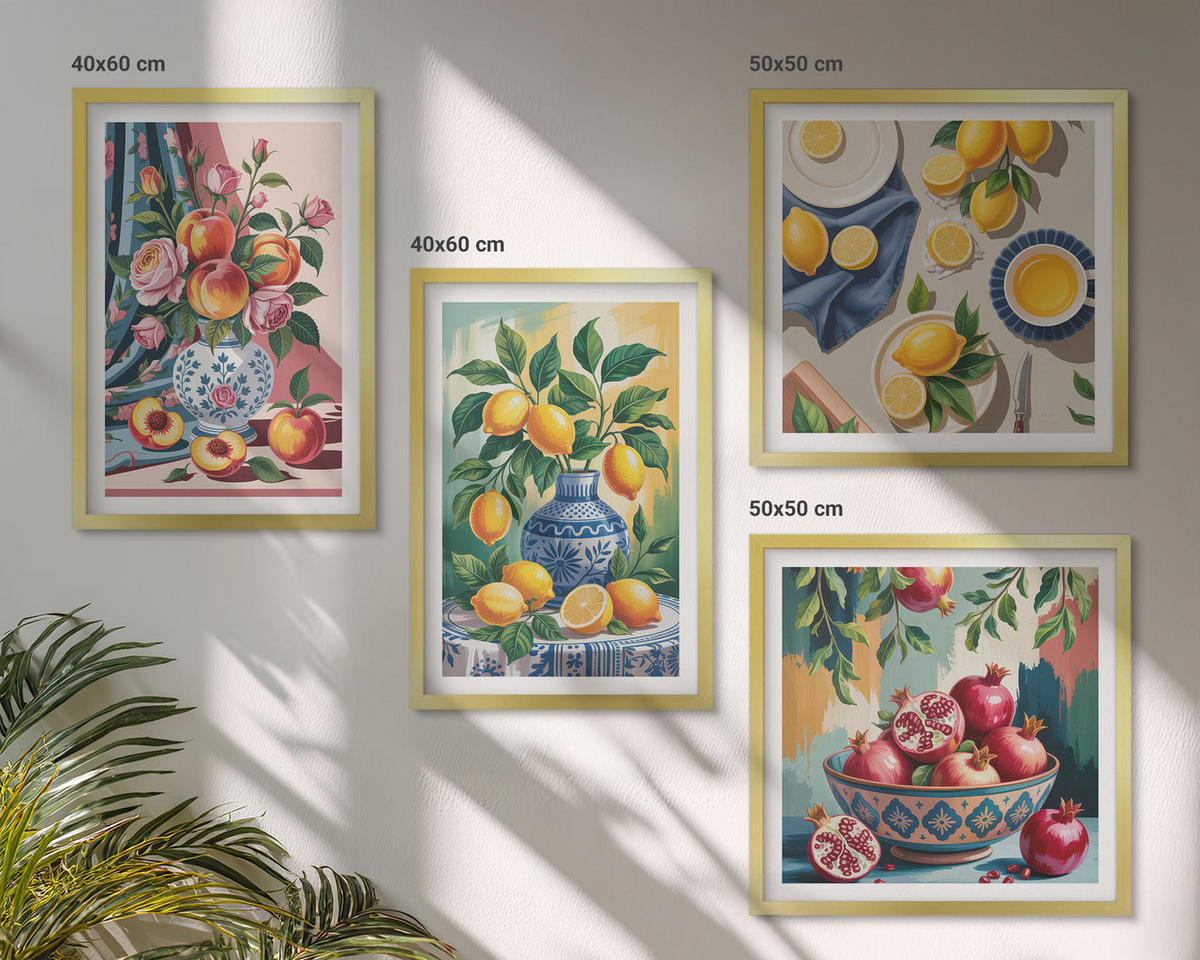 BILDER SET 4er Set - 50x50 cm & 40x60 cm Goldrahmen - Blumen und Früchte in Vasen - Goldfarben, Kunststoff (50/50cm) - TULUP
