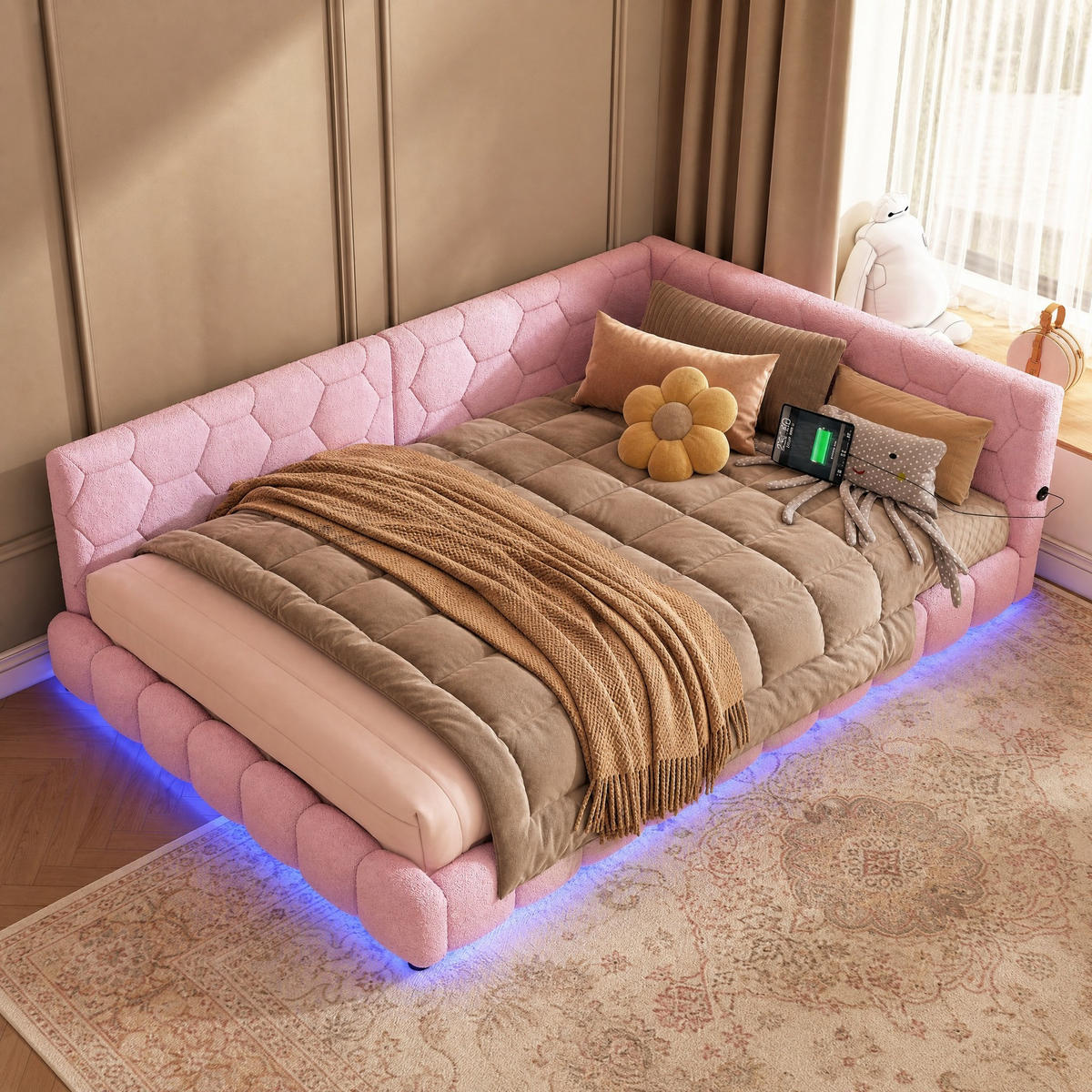 TAGESBETT 140/200 cm in Pink mit LED und USB-Anschluss, ohne Matratze - Pink, Textil (140/200cm) - MIVRAY