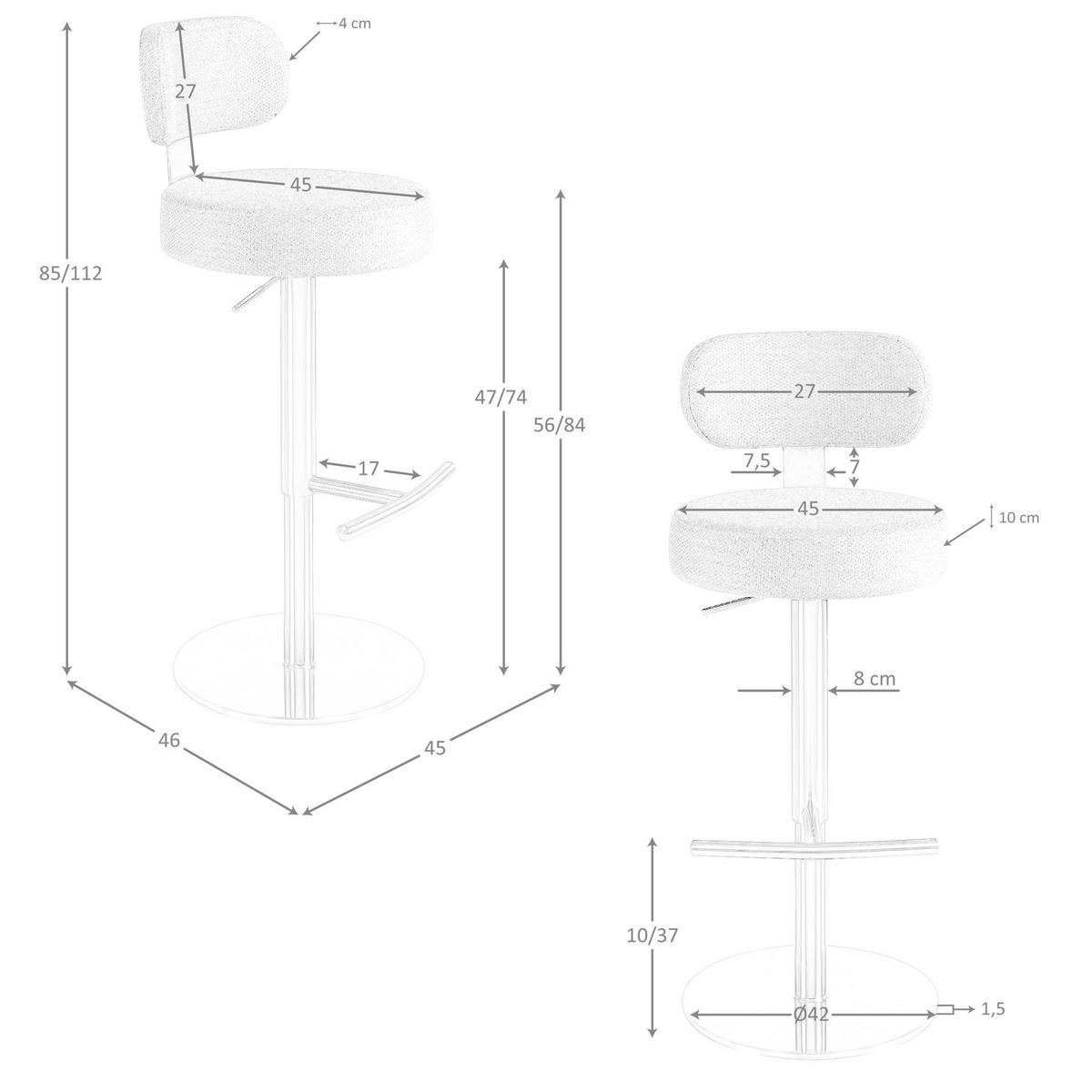 BARHOCKER Drehbarer aus hellgrau meliertem Stoff 45/46/85 cm - Edelstahlfarben/Eschefarben, Textil/Metall (45/85/46cm) - ANGEL CERDA
