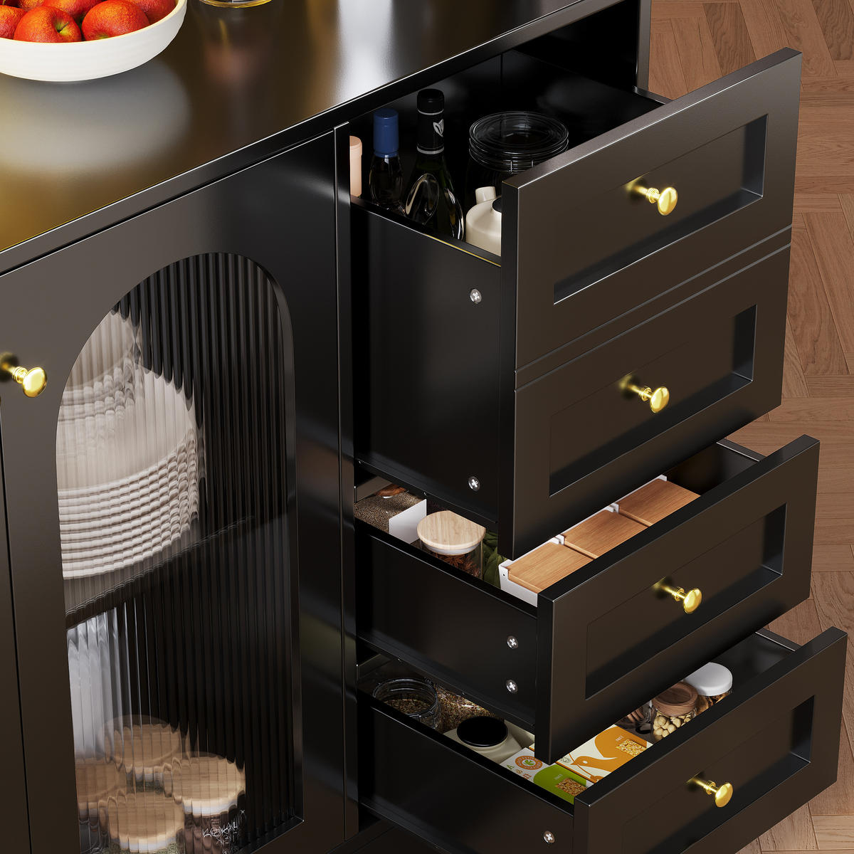 HIGHBOARD in Schwarz mit LED-Lichtleiste und Schubladen für Küche und Wohnzimmer, B120/T40/H188 cm - Schwarz, Glas/Holzwerkstoff (120/188/40cm) - STILVORA
