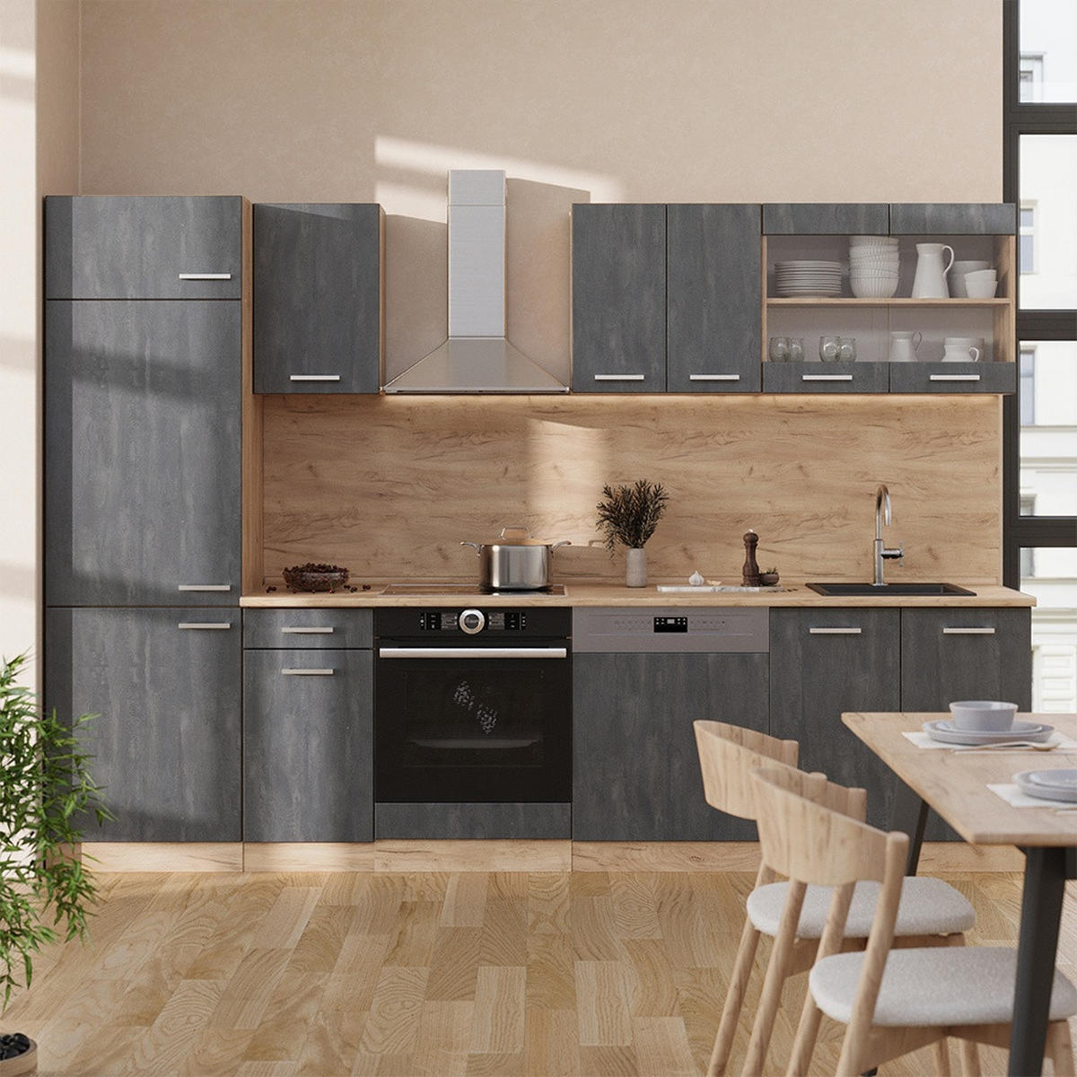 KÜCHENZEILE R-Line Schwarz Beton/Goldkraft Eiche 300 cm AP Eiche - Honigeiche/Schwarz, Holzwerkstoff (300/206.8/60cm) - Vicco