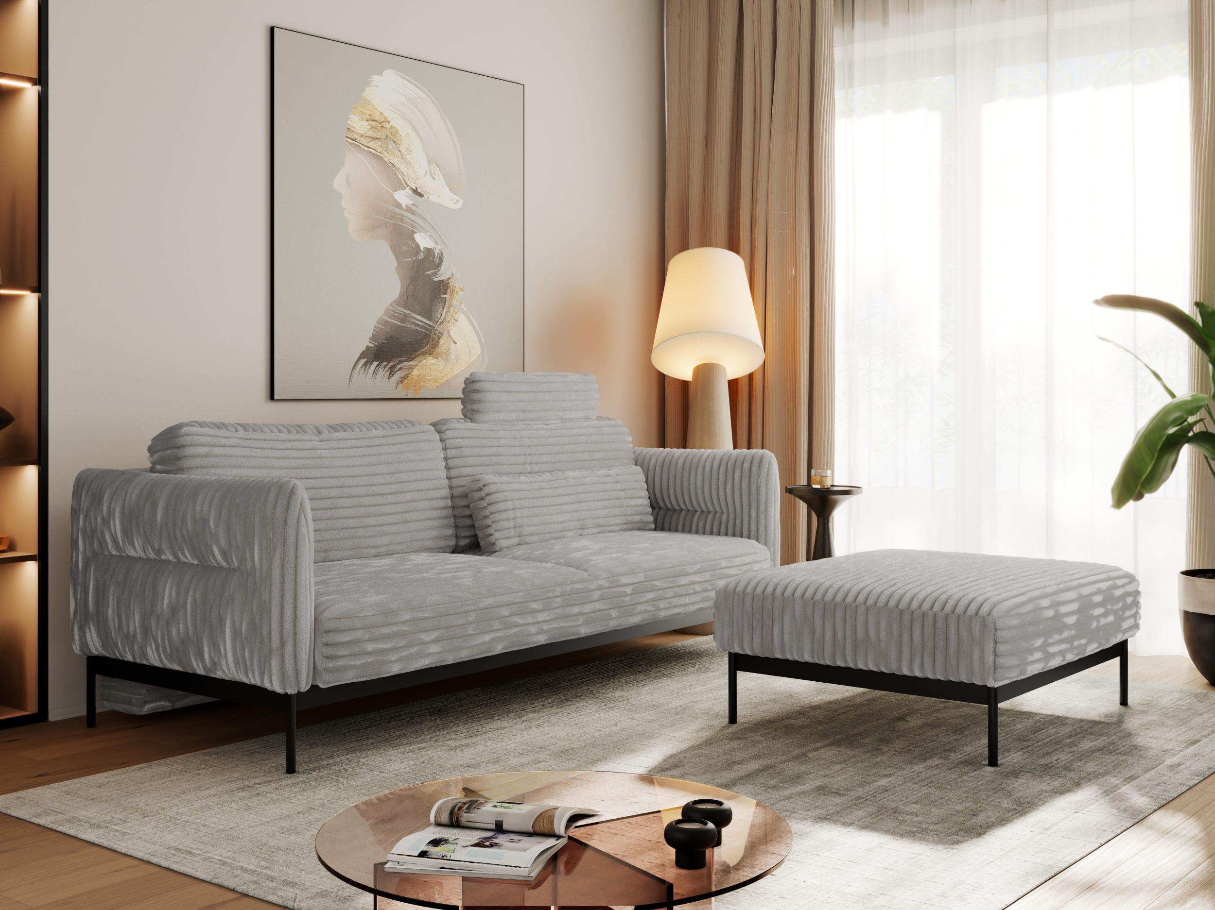 SCHLAFSOFA SALENTO Hellgrau Cord - Hellgrau/Schwarz, Textil/Metall (221/82/193cm) - MKS