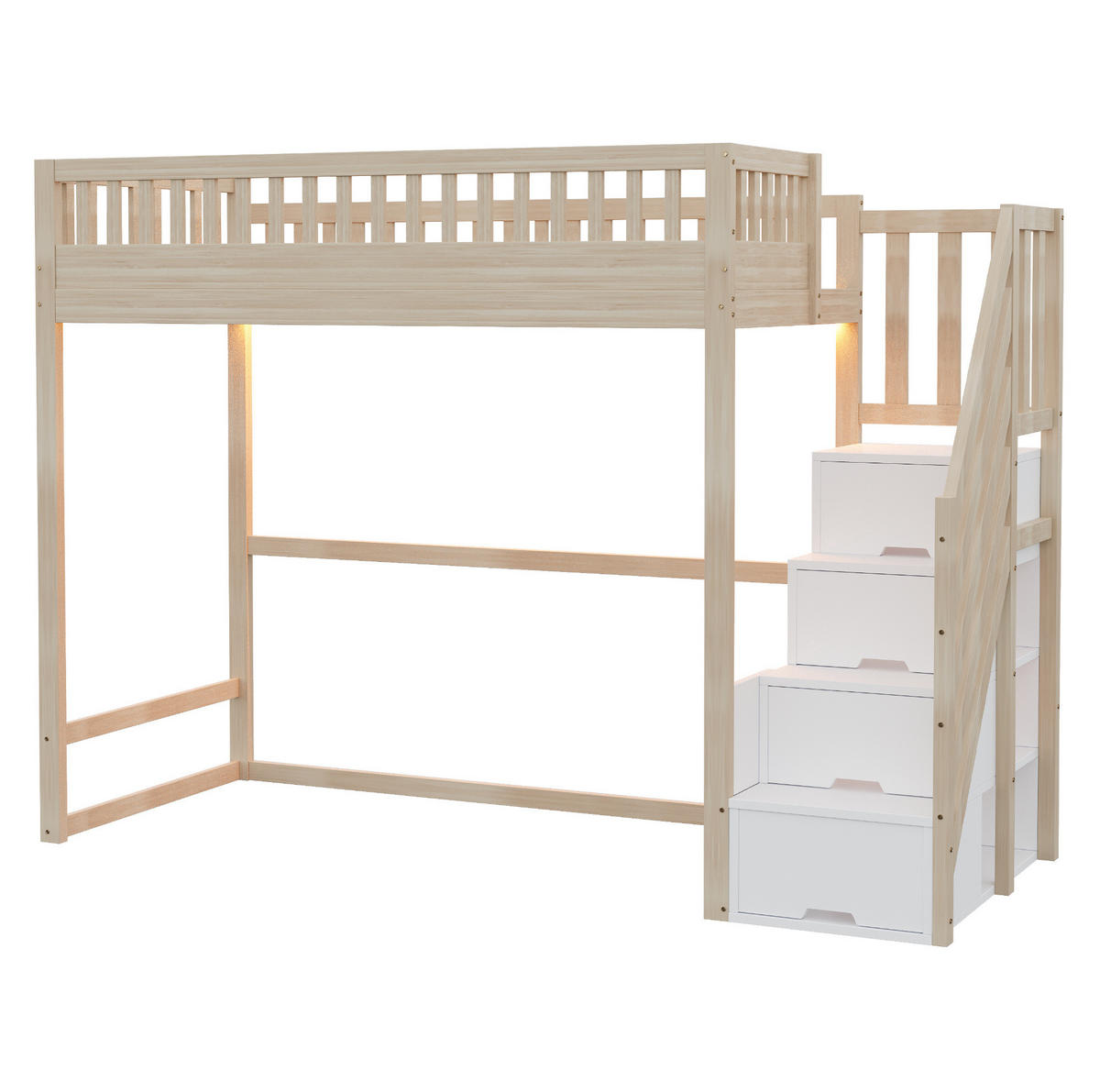 HOCHBETT 90x200 cm in Holzfarbe mit Stauraumtreppe und LED-Beleuchtung - Naturfarben, Holz (90/200cm) - IVMEU