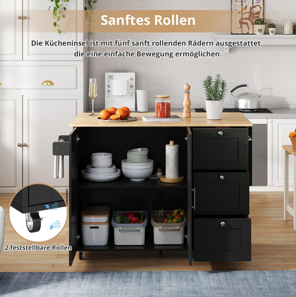KÜCHENINSEL 135/44-70/90 cm aus MDF mit klappbarer Arbeitsplatte Schwarz/Natur - Schwarz, Holzwerkstoff (135/90/44cm) - Modenvie